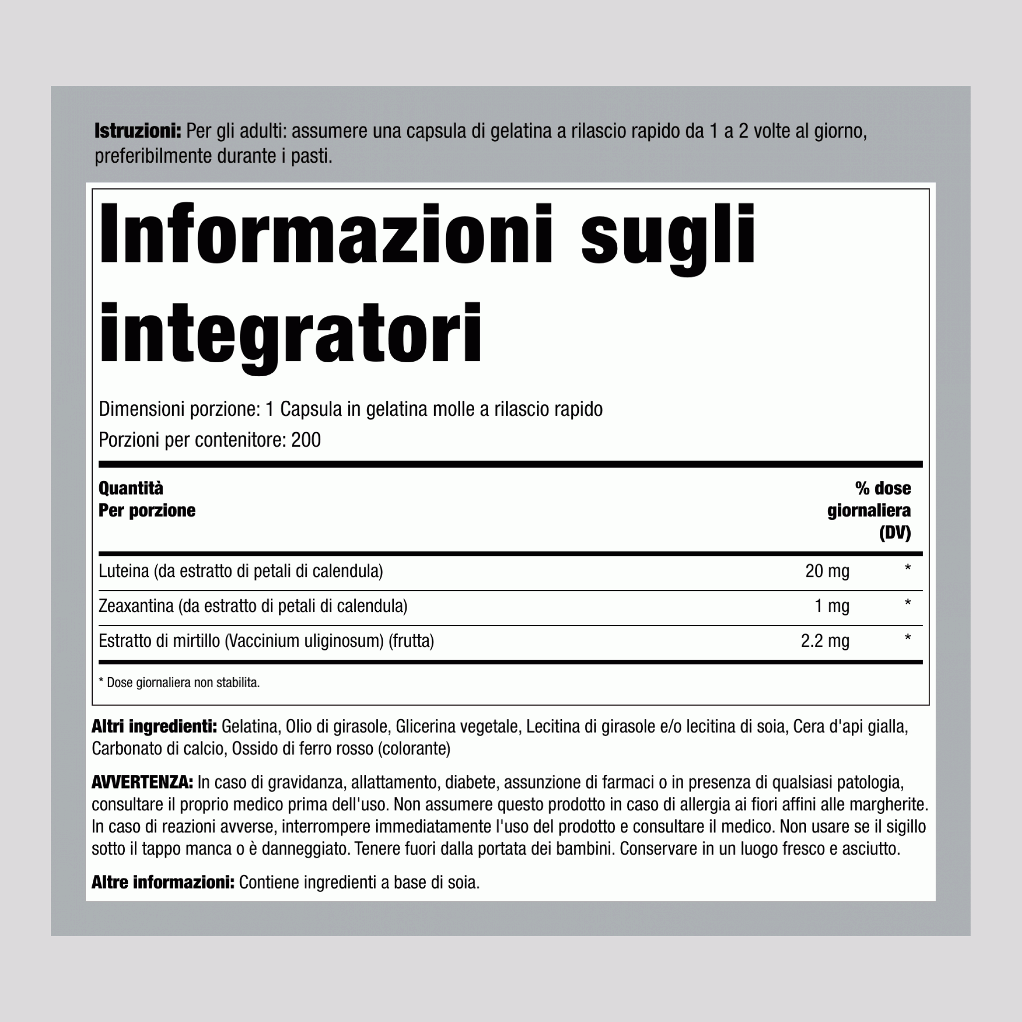 Protezione della vista mirtillo luteina + Zeaxantina 200 Capsule in gelatina molle a rilascio rapido       