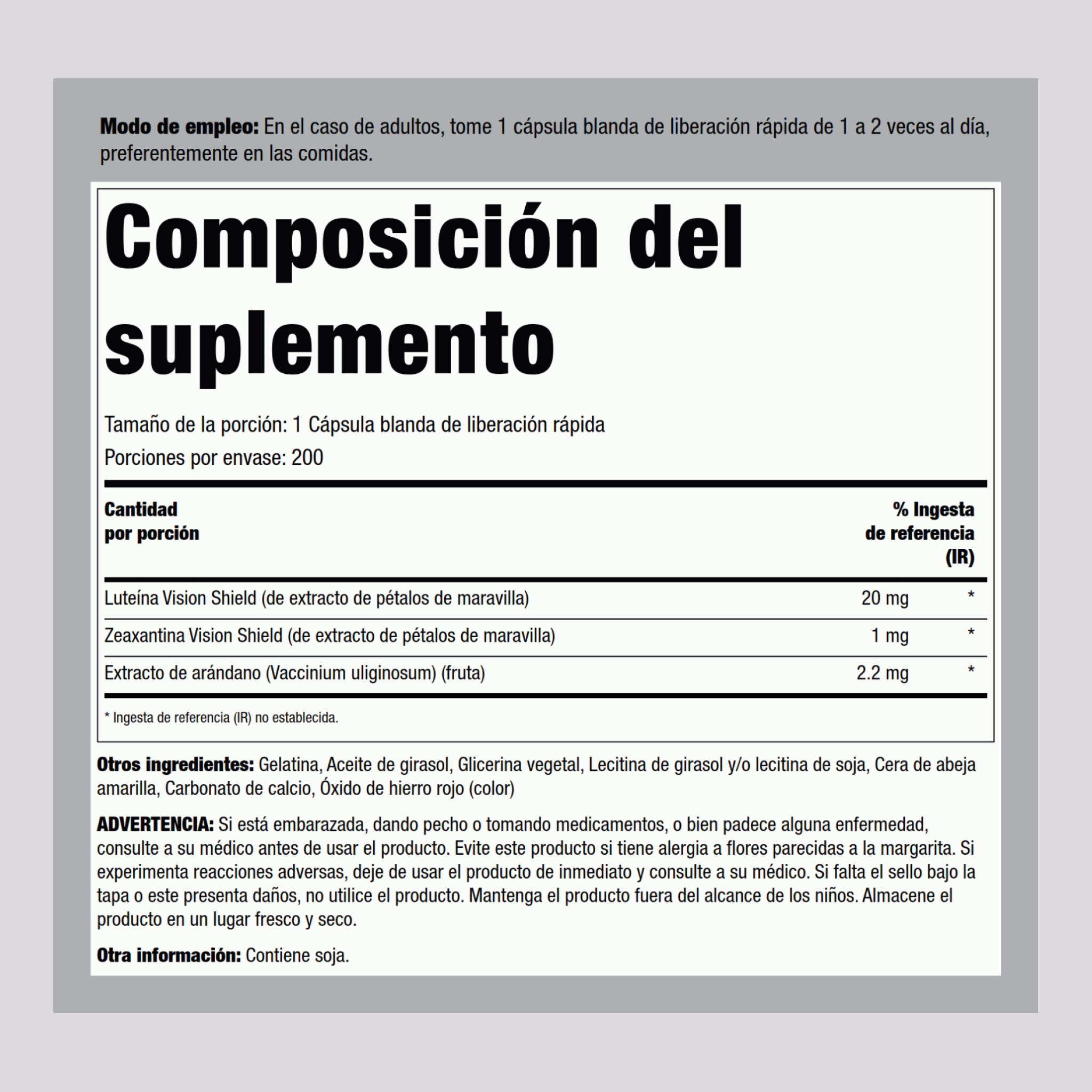 Eye Vision Guard a base de luteína y arándano 200 Cápsulas blandas de liberación rápida       