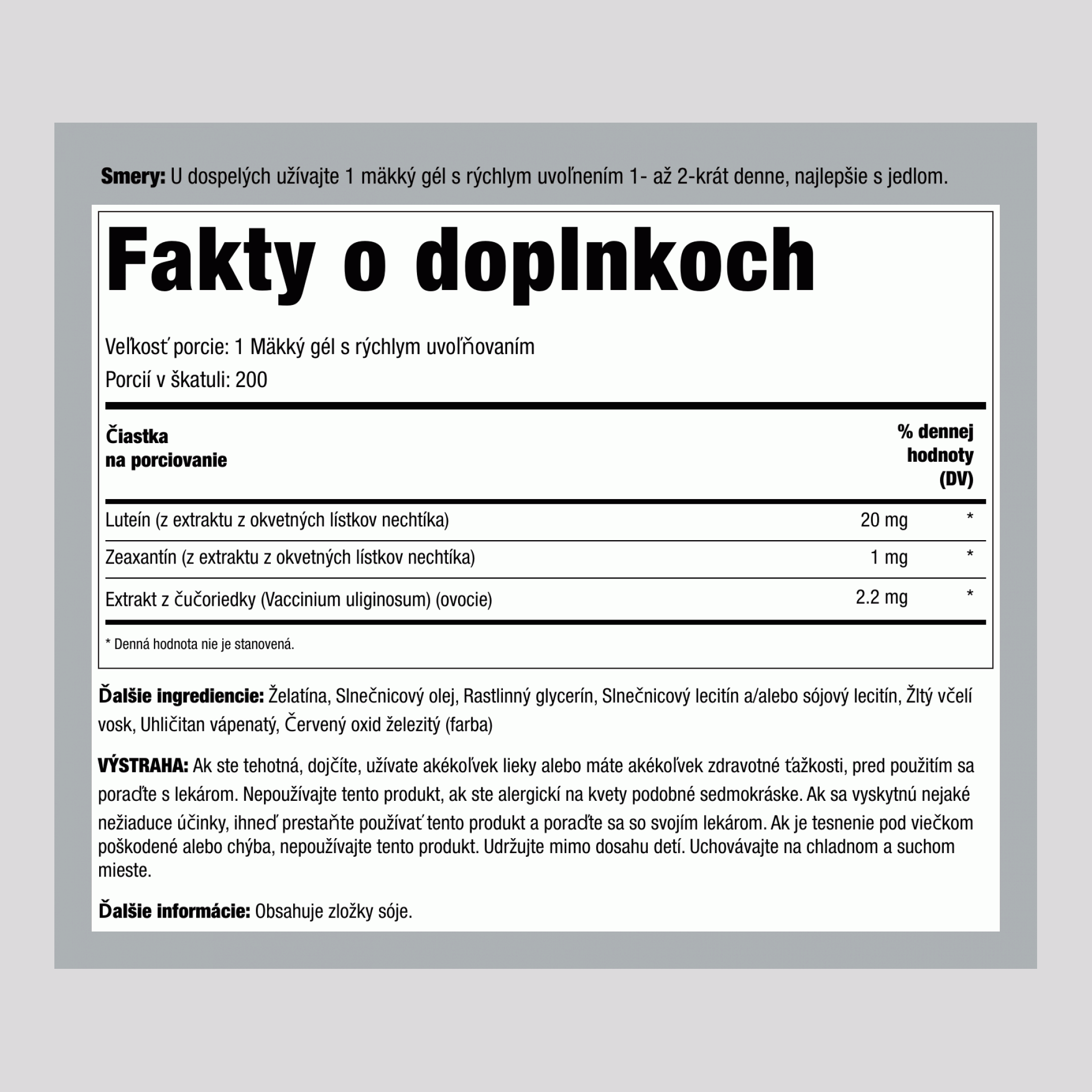 Luteín a čučoriedky Eye Vision Guard a zeaxantín,  200 Mäkké gély s rýchlym uvoľňovaním 2 Fľaše