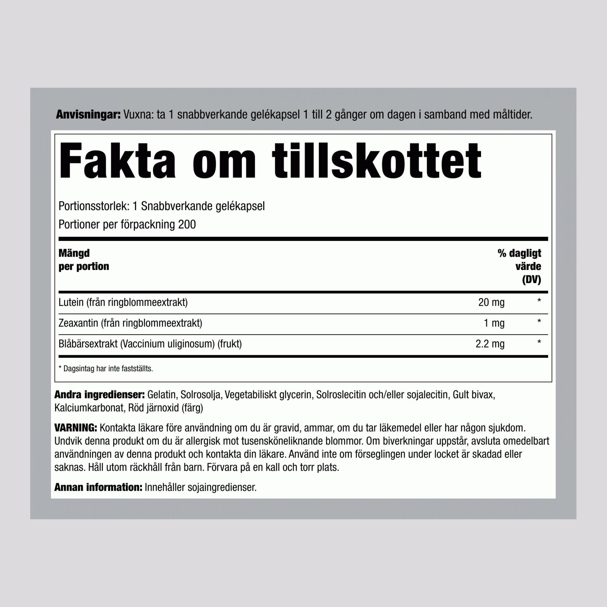 Dopolnilo za zaščito oči iz luteina in borovnice + zeaksantin,  200 Kapsule iz mehkega gela s hitrim sproščanjem 2 Steklenice