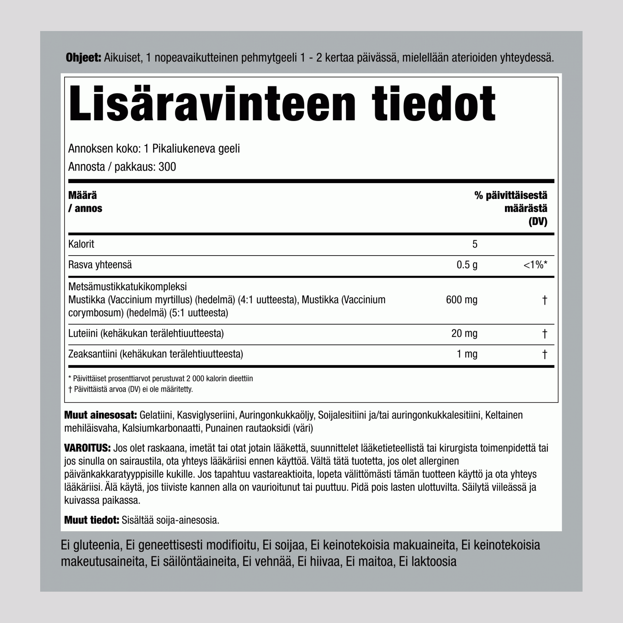 Ikääntyvien näköä tukeva kompleksi,  300 Pikaliukenevat geelit