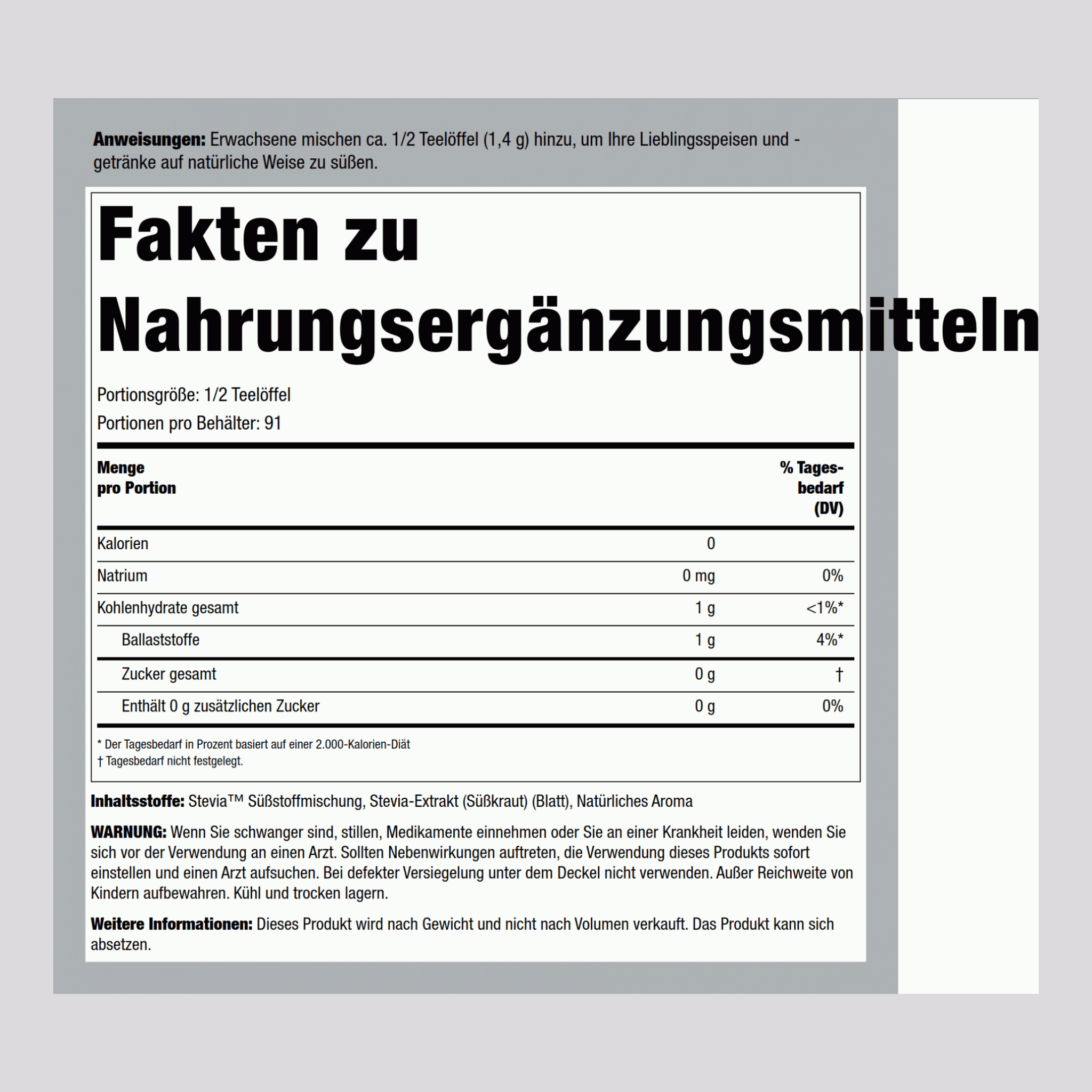 Stevia-Süßstoffextrakt mit Inulinpulver 4.5 oz 128 g Flasche    