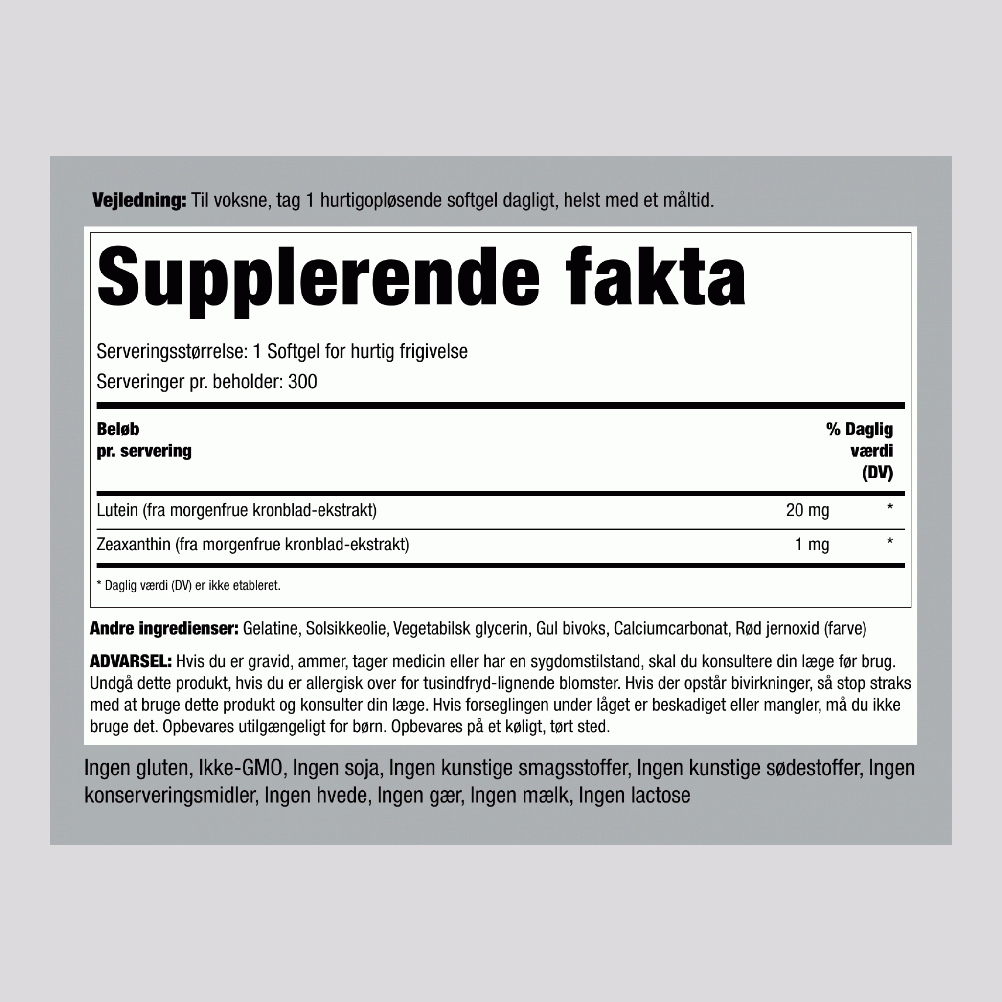 Lutein + Zeaxanthin 20 mg 300 Softgel for hurtig frigivelse     