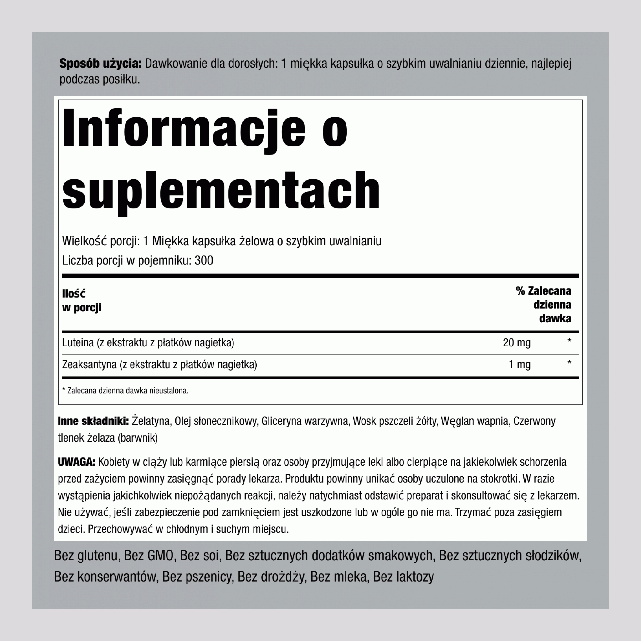 Luteina + zeaksantyna 20 mg 300 Miękkie kapsułki żelowe o szybkim uwalnianiu     