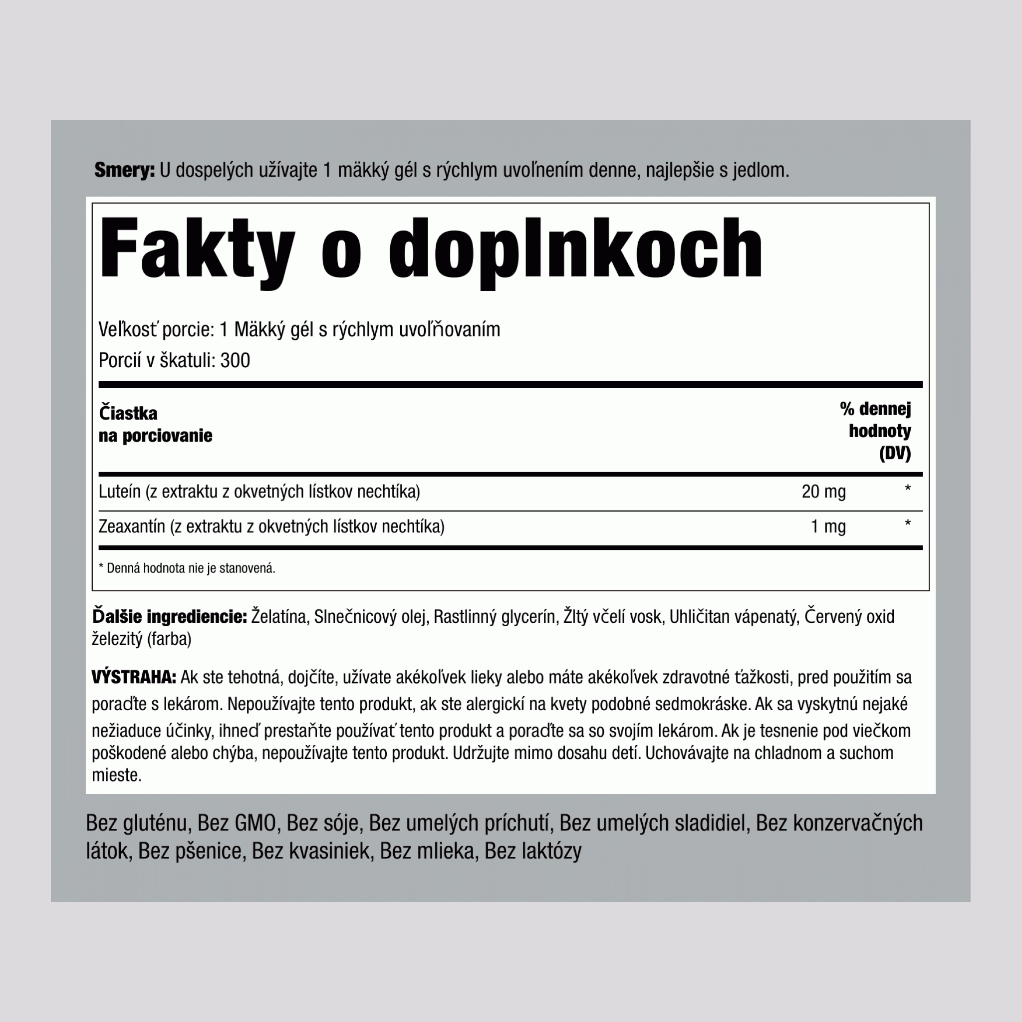 Luteín a zeaxantín 20 mg 300 Mäkké gély s rýchlym uvoľňovaním     