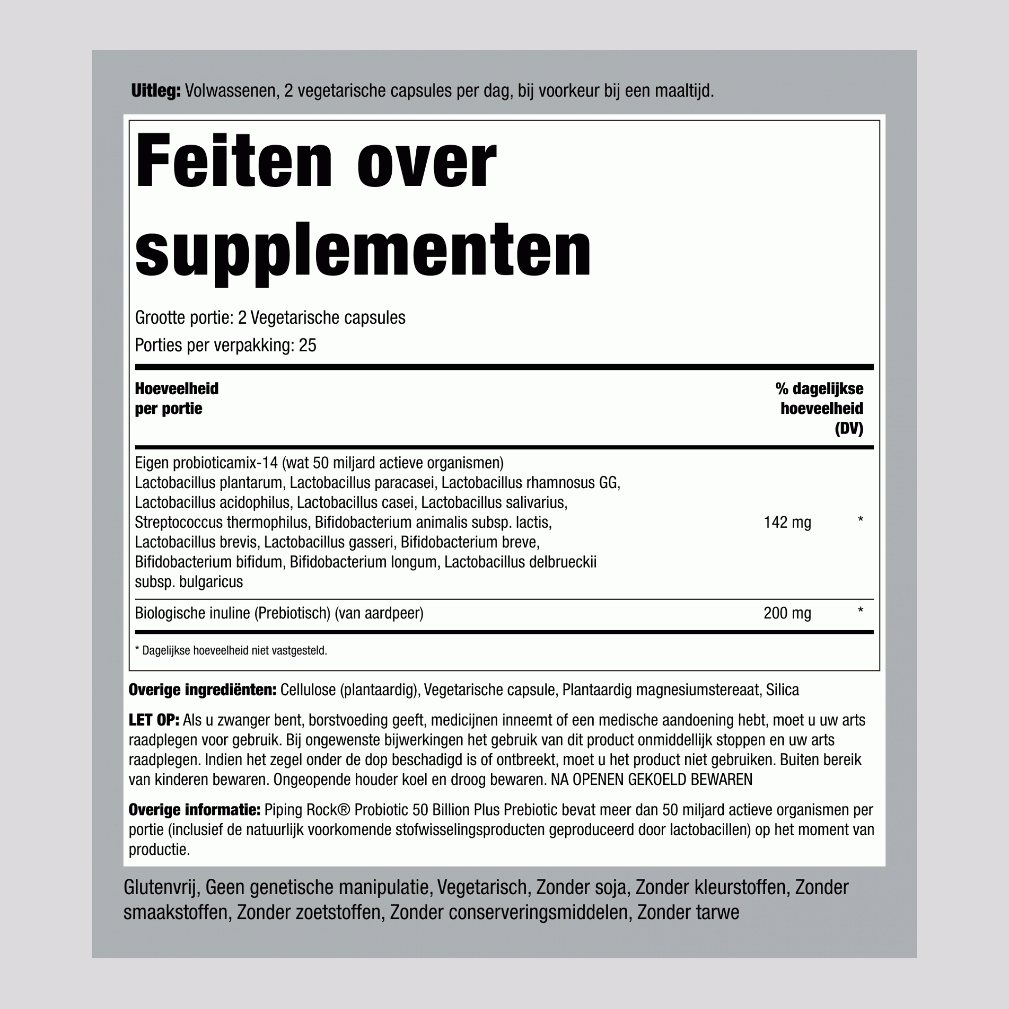 Probiotic 14 stammen 50 miljard organismen (per portie) plus prebioticum, 50 vegetarische capsules