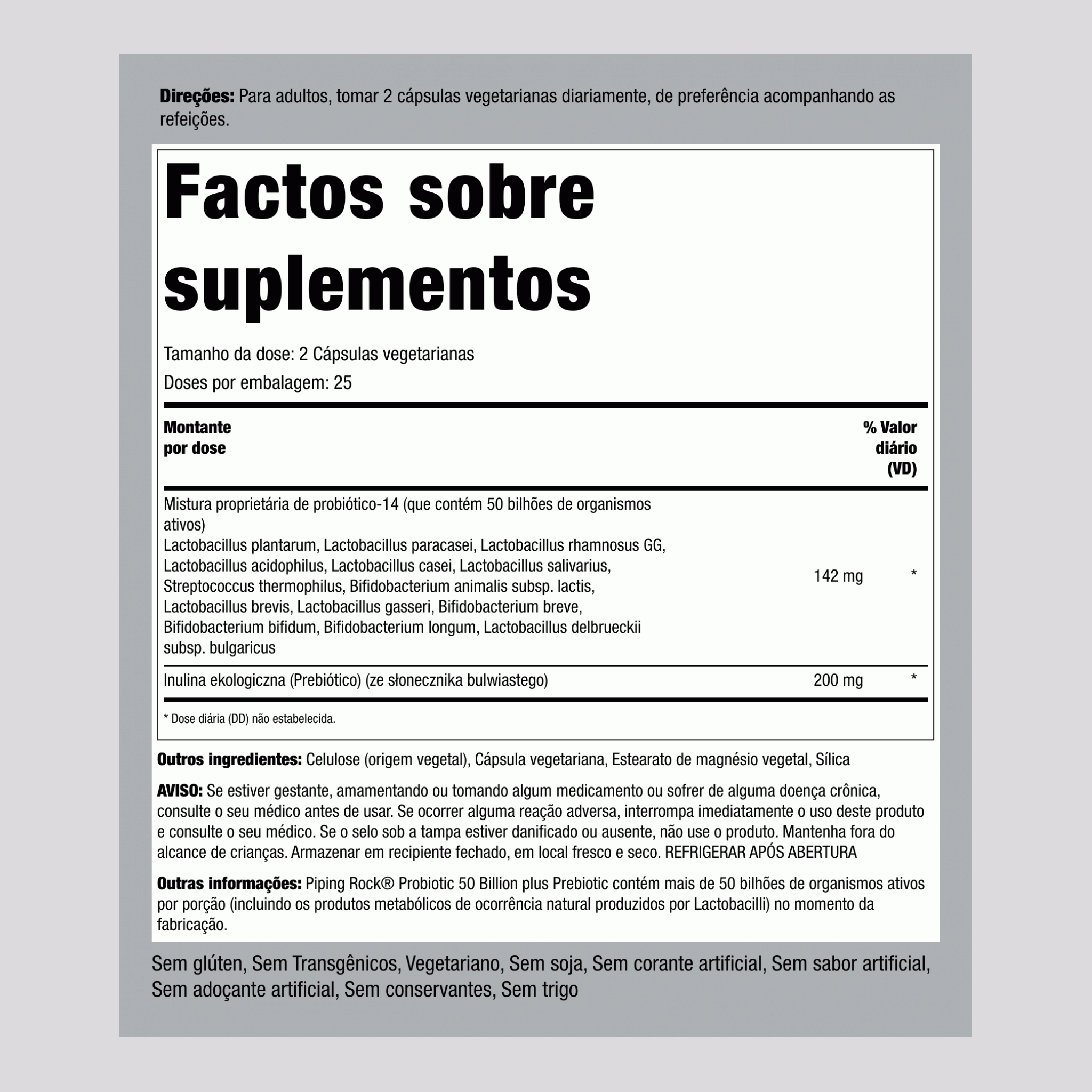 Probiótico 14 Cepas 50 Bilhões de Organismos (por porção) mais Prebiótico, 50 Cápsulas Vegetarianas
