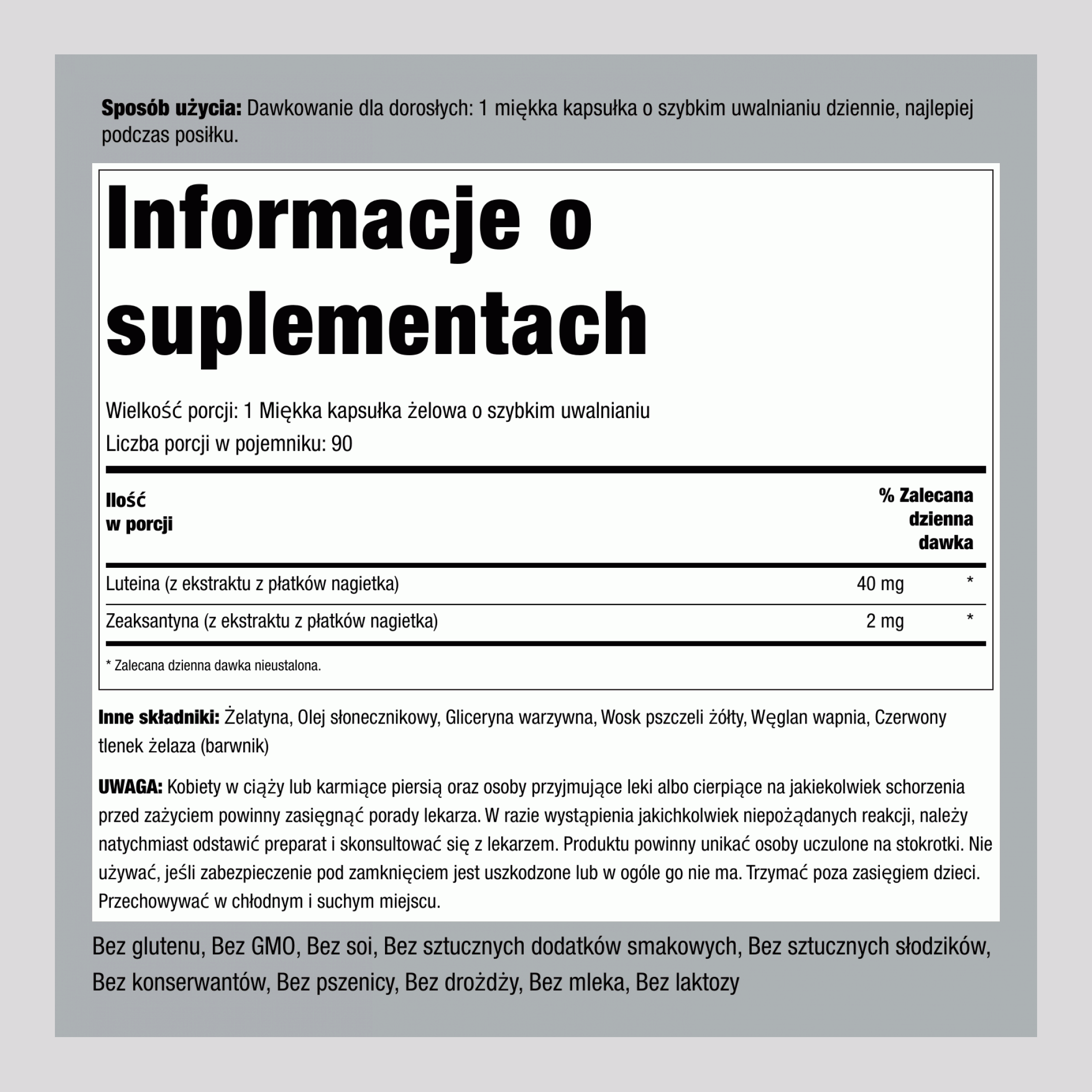 Luteina + zeaksantyna 40 mg 90 Miękkie kapsułki żelowe o szybkim uwalnianiu     