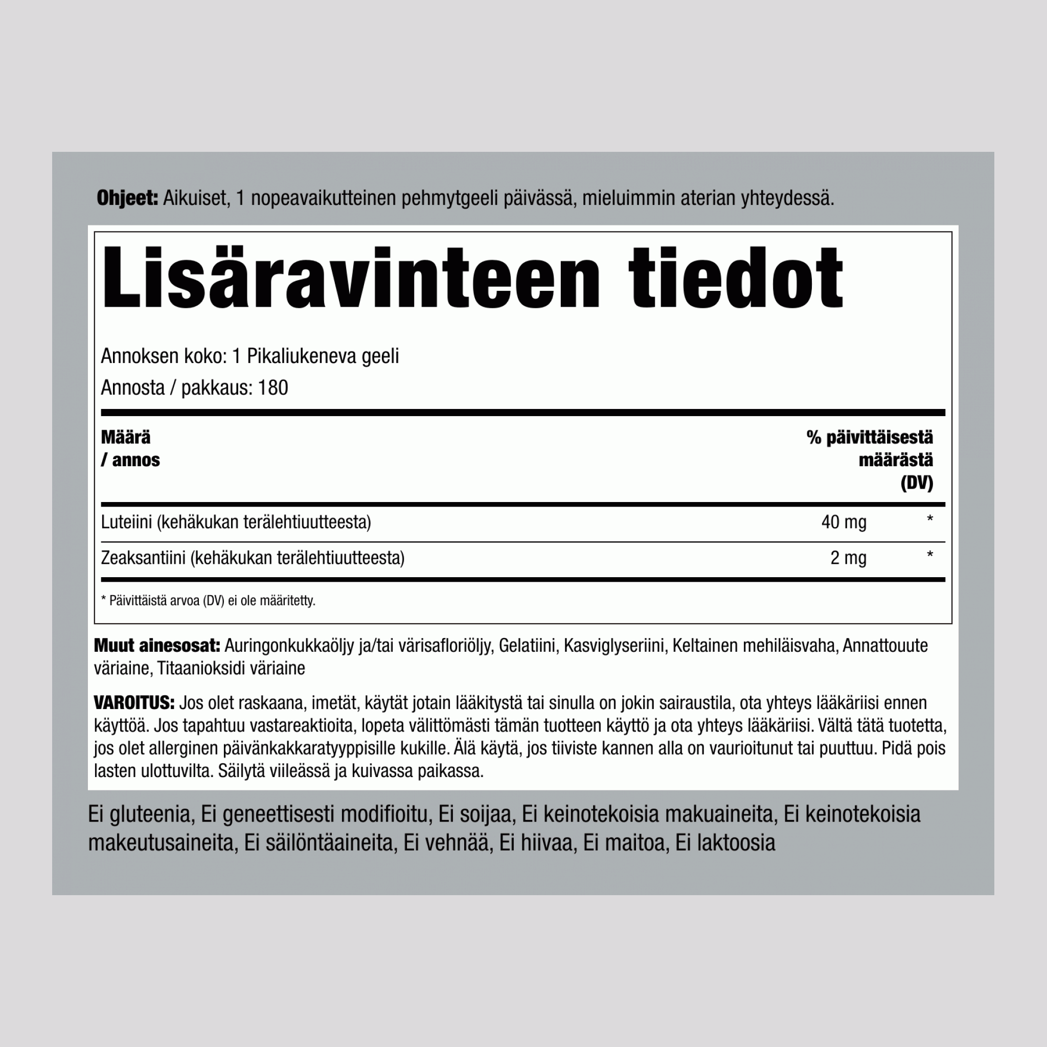 Luteiini + tseaksantiini,  40 mg 180 Pikaliukenevat geelit 2 Pulloa