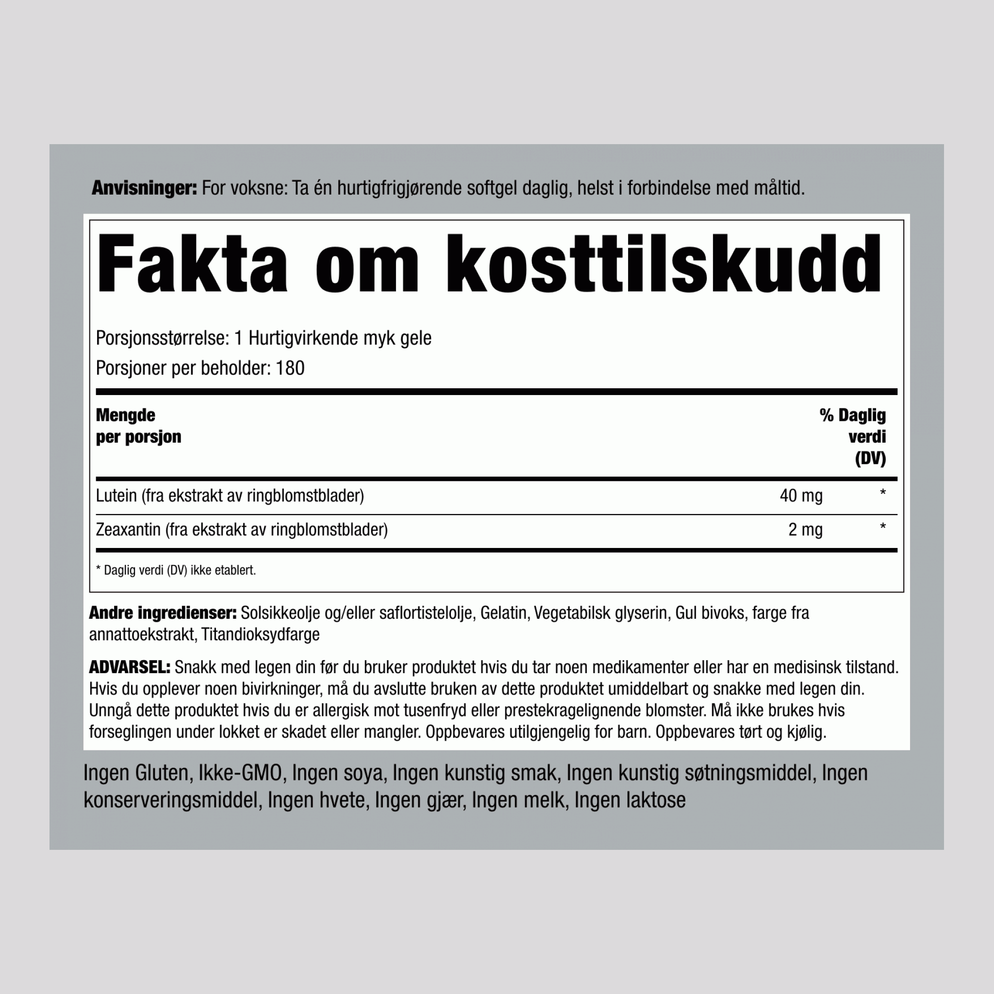 Lutein + Zeaxantin,  40 mg 180 Hurtigvirkende myke geleer 2 Flasker