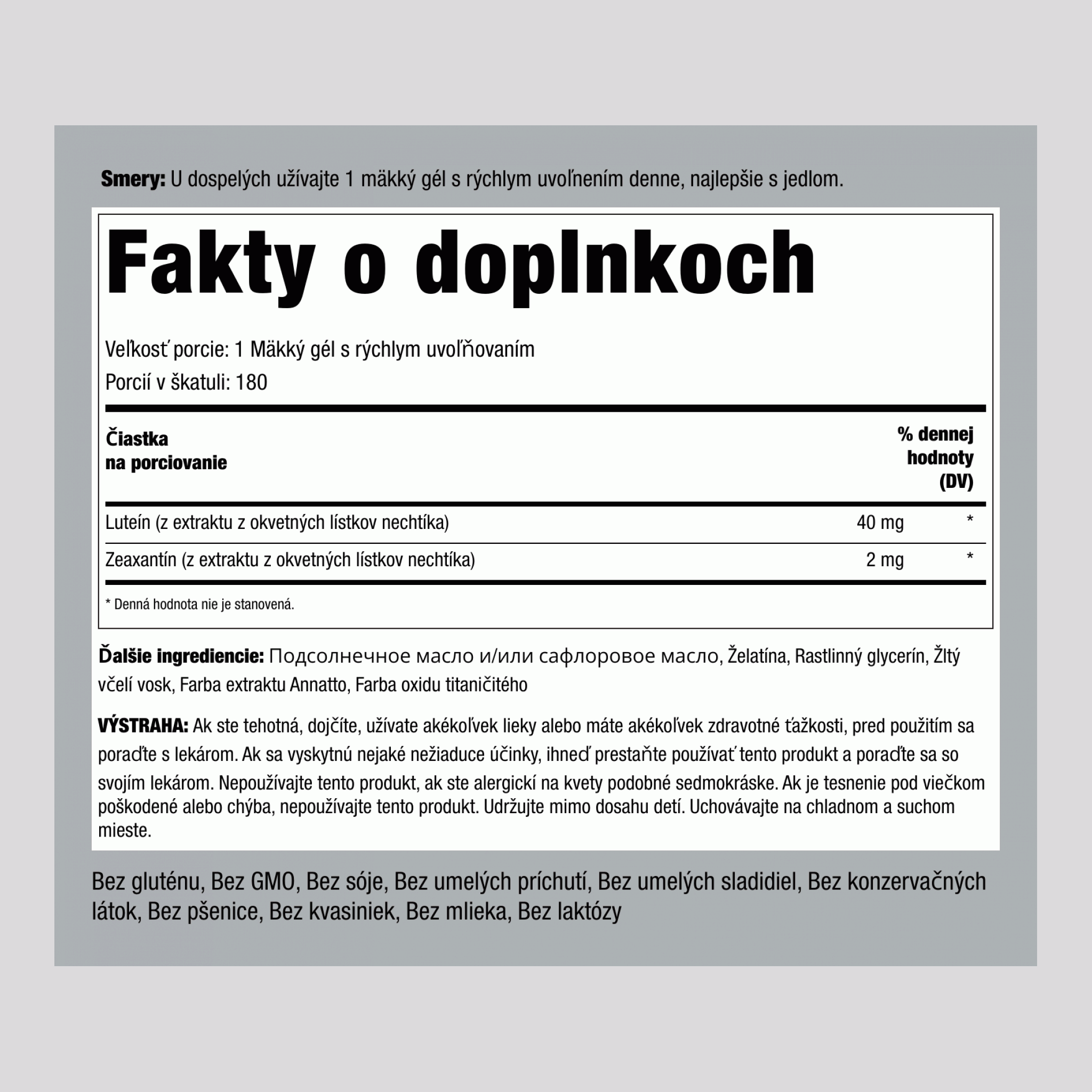 Luteín a zeaxantín,  40 mg 180 Mäkké gély s rýchlym uvoľňovaním 2 Fľaše