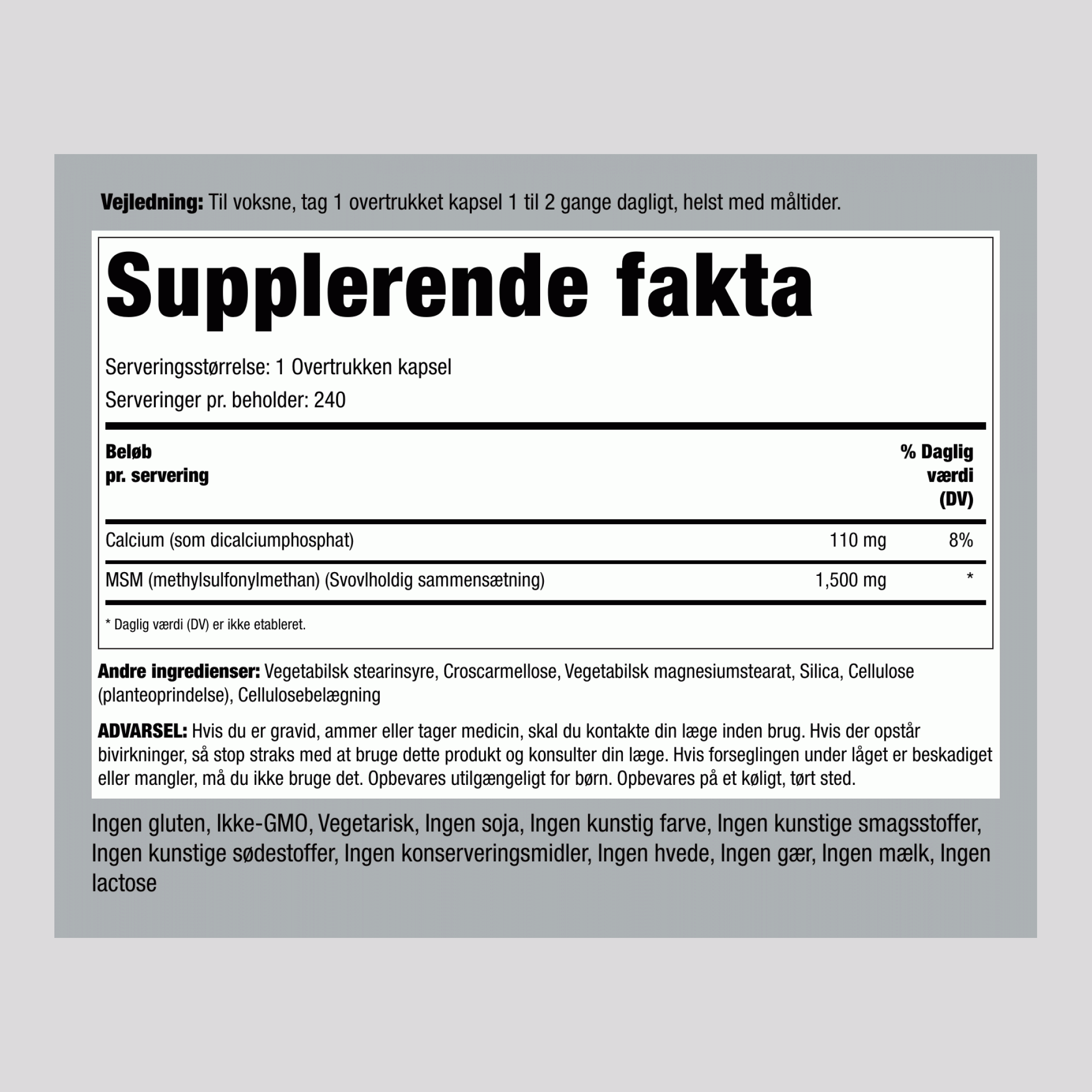 Mega MSM + Sulfur 1500 mg 240 Overtrukne kapsler     