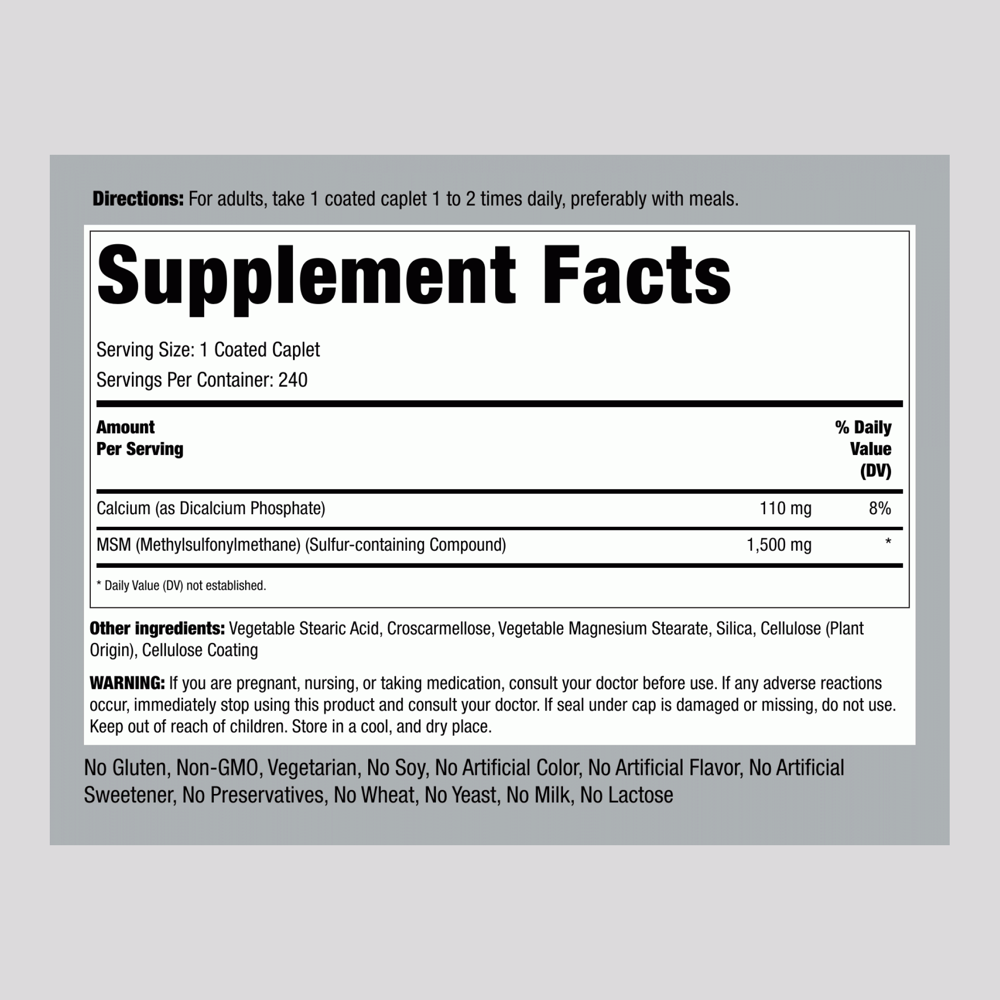 Mega MSM + Sulfur, 1500 mg, 240 Coated Caplets