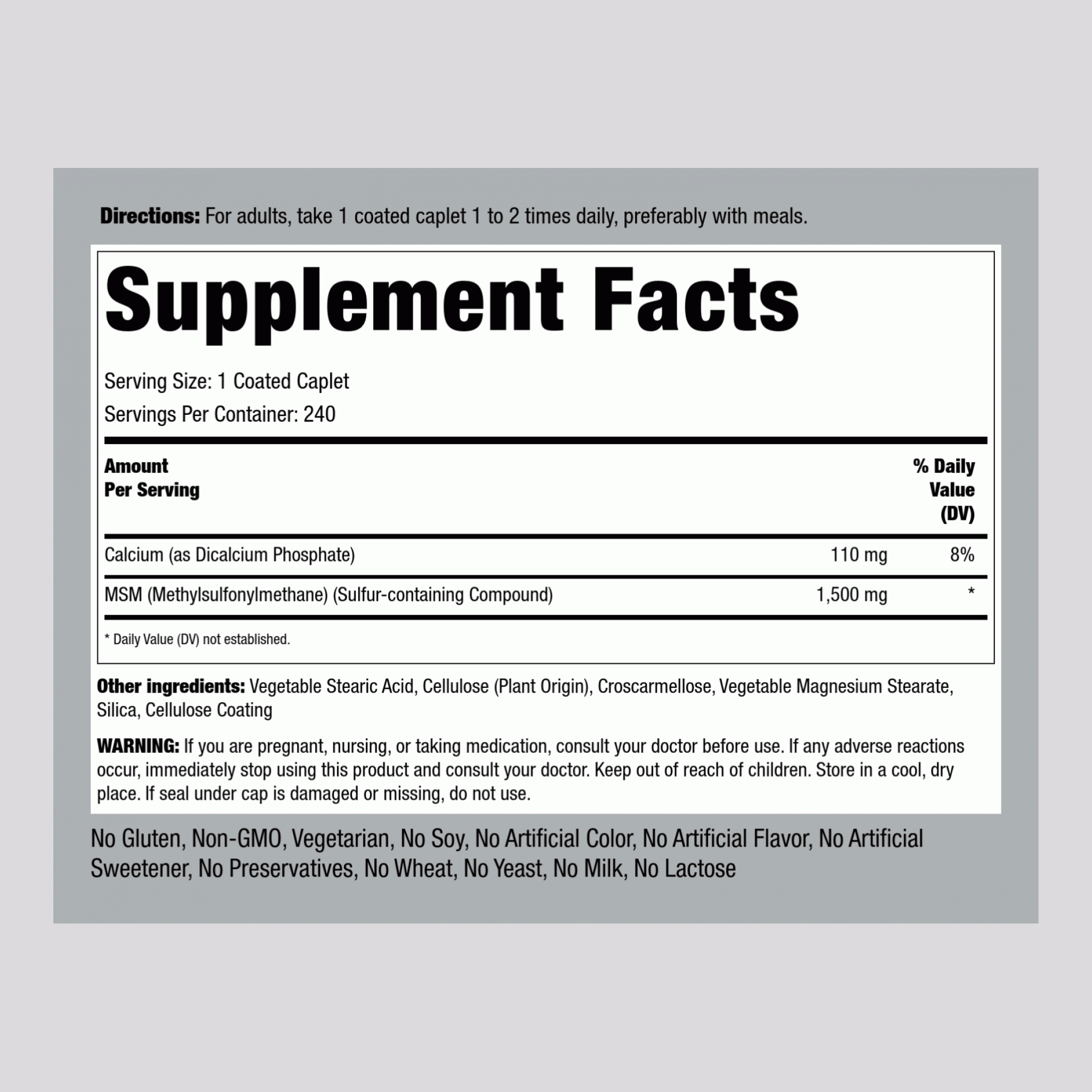 Mega MSM + Sulfur, 1500 mg, 240 Coated Caplets