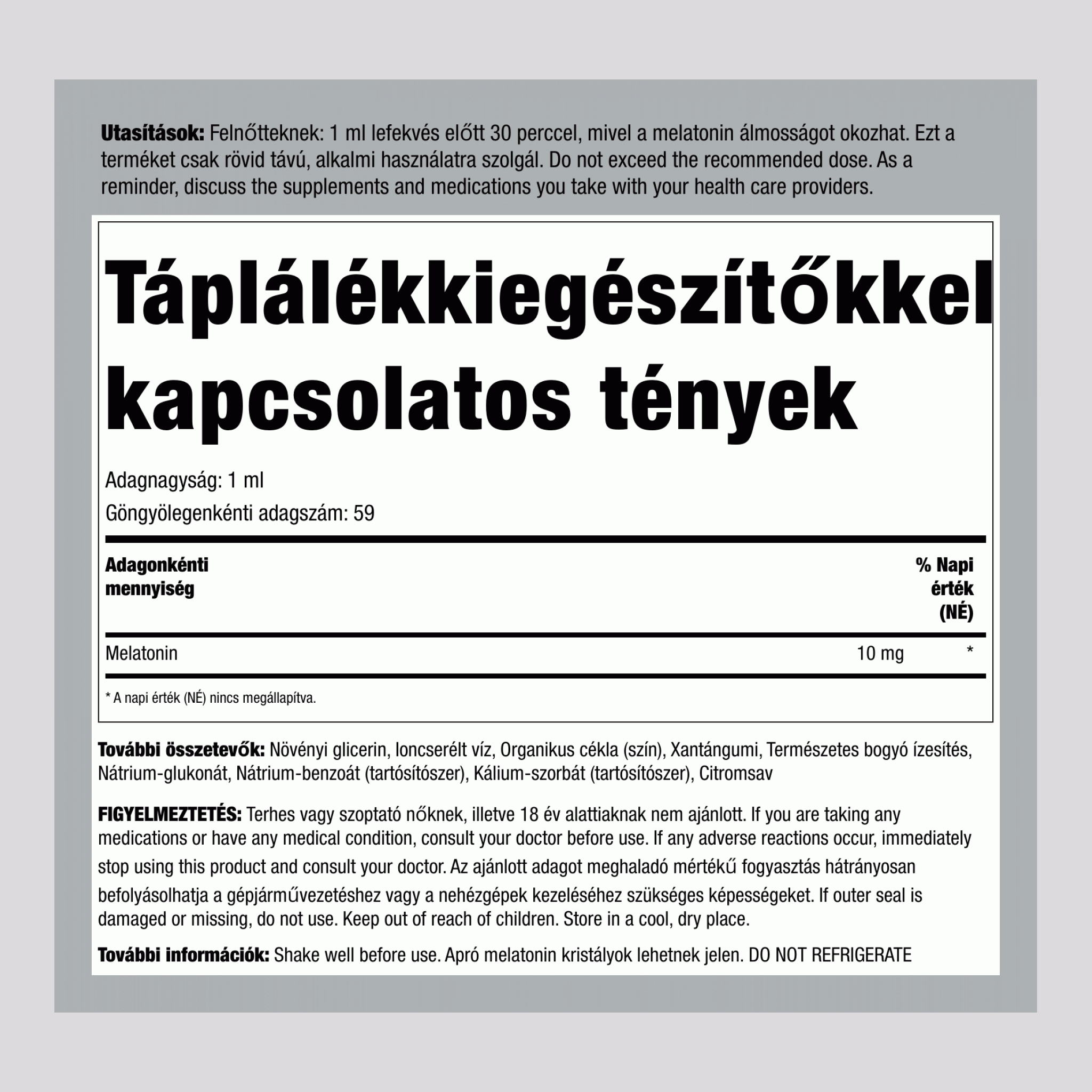 Folyékony Melatonin 10 mg (Finom Bogyós Gyümölcs), 59 mL-es Csepegtetős Üveg