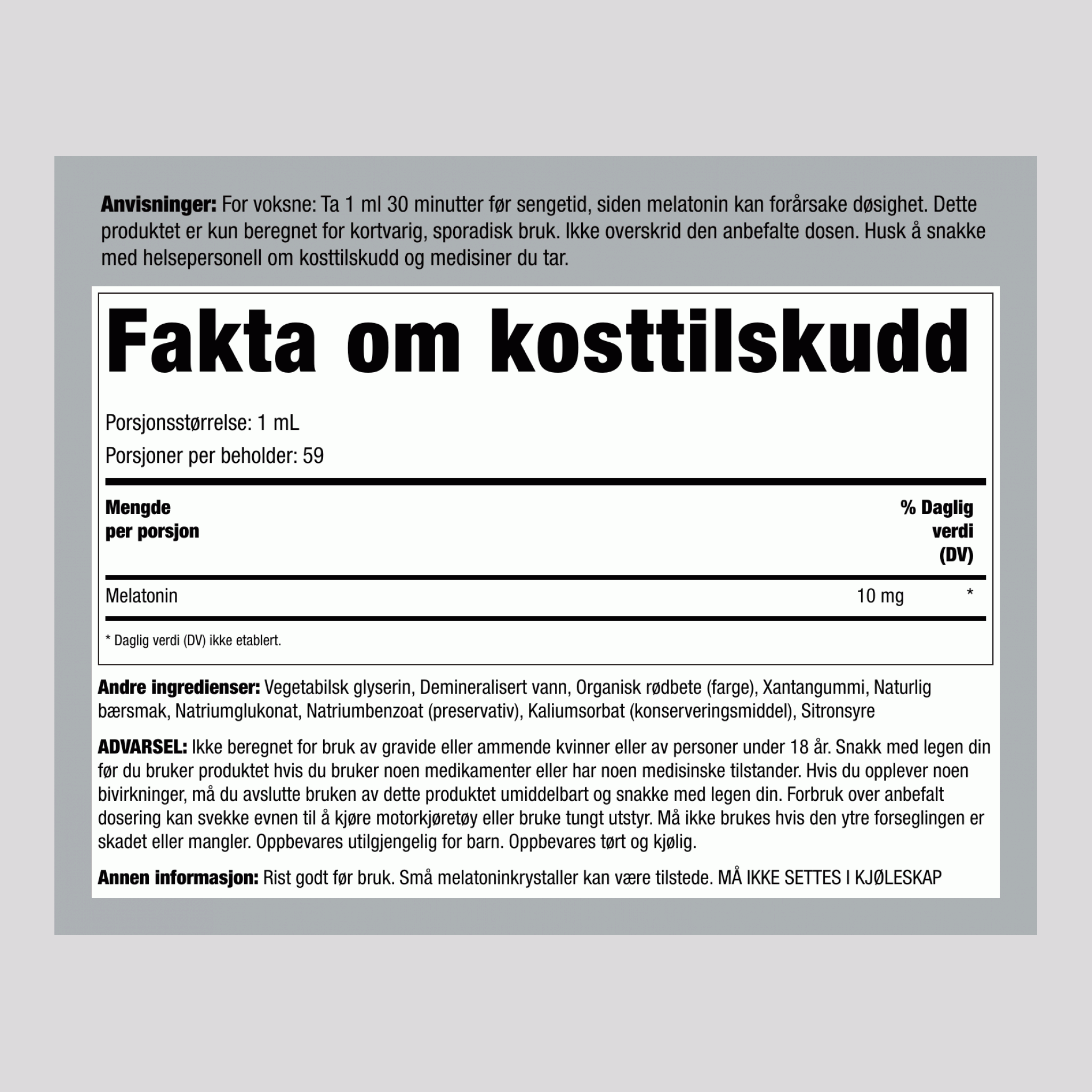 Flytende Melatonin 10 mg (Deilig Bær), 59 ml (2 fl oz) Dråpeflaske