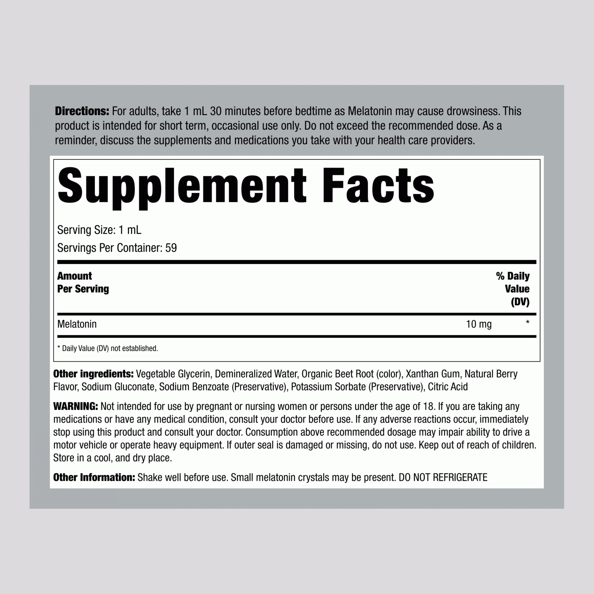 液體褪黑激素 10 毫克（美味漿果味），2 液盎司（59 毫升）滴管瓶，2 個滴管瓶