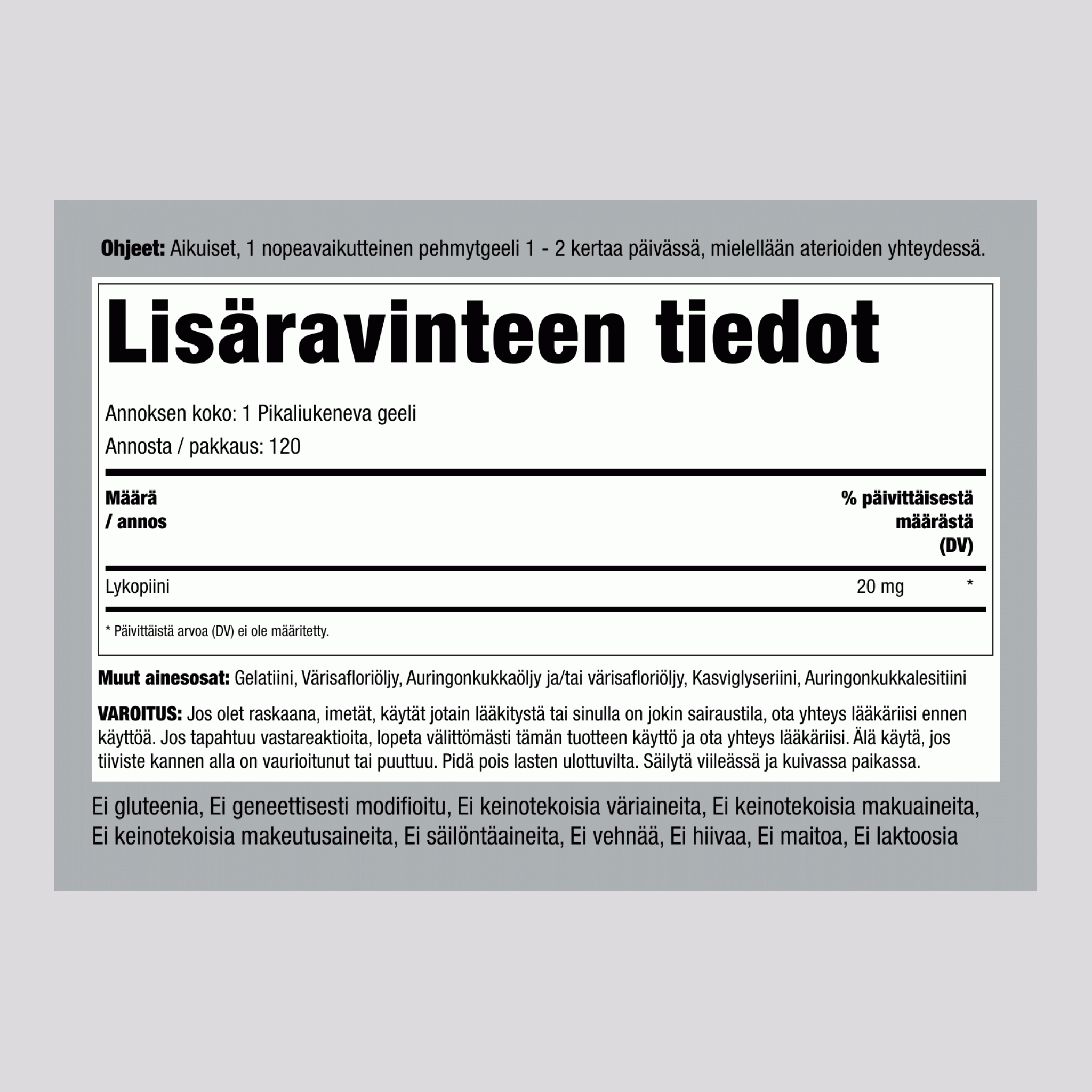 Lykopeeni ,  20 mg 120 Pikaliukenevat geelit 2 Pulloa