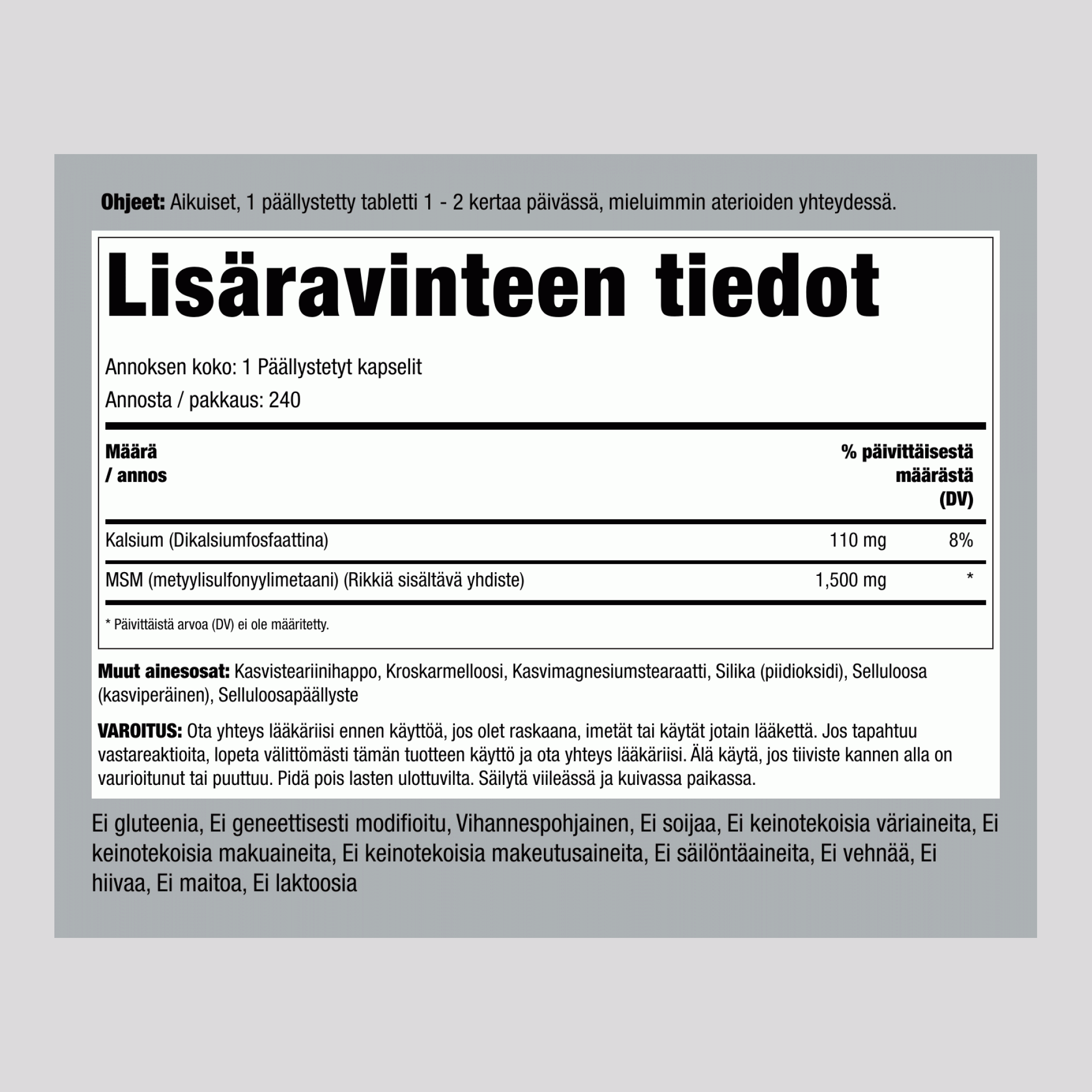 Mega-MSM + rikki 1500 mg 240 Päällystetyt kapselit 2 Pulloa   