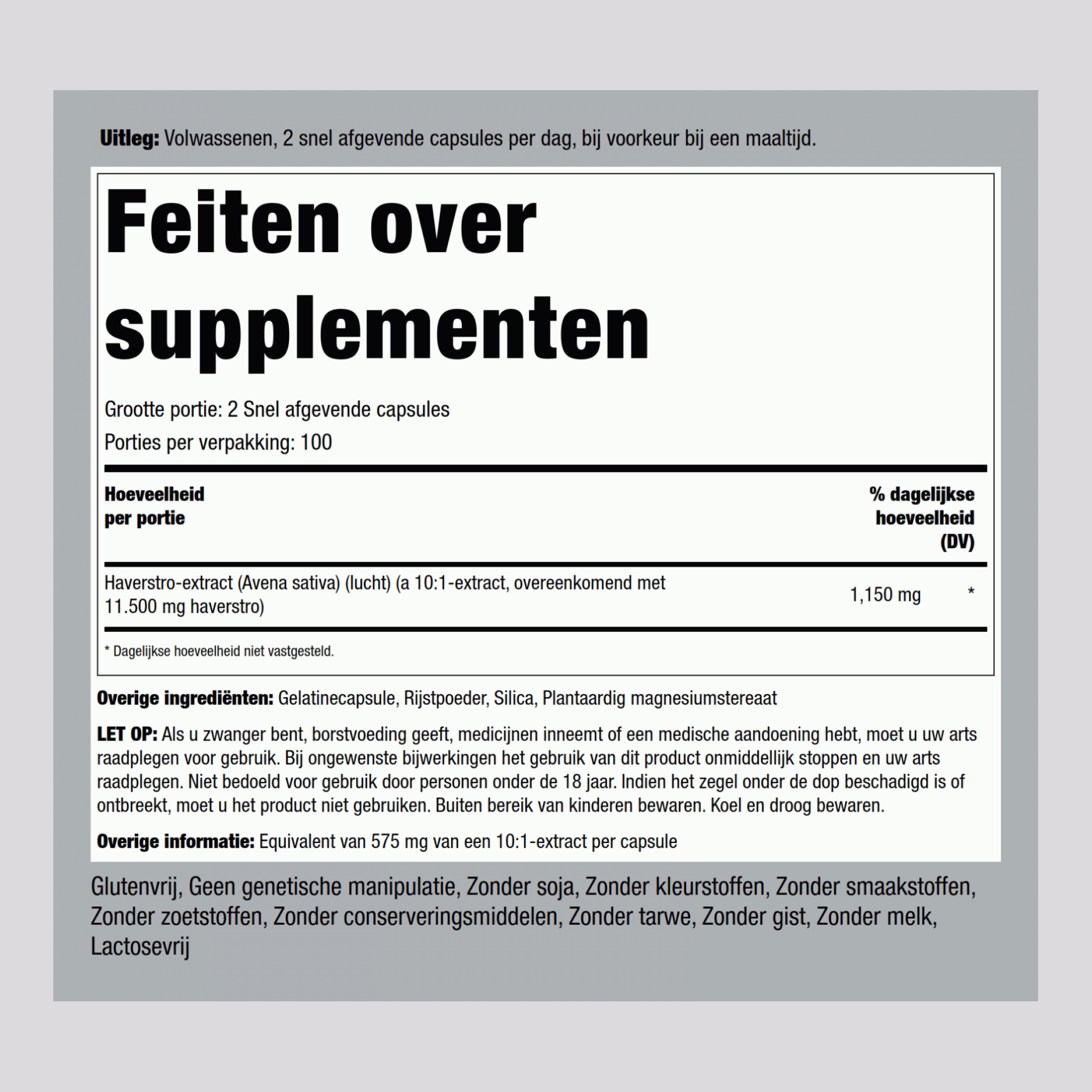 Avena Sativa mannelijk uithoudingsvermogen supersterk 1150 mg (per portie) 200 Snel afgevende capsules     