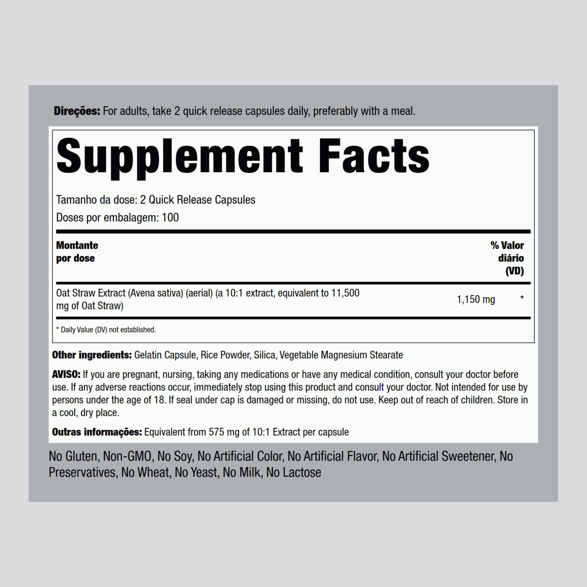 Avena sativa para homem - Resistência e super potência 1150 mg (por dose) 200 Cápsulas de Rápida Absorção     