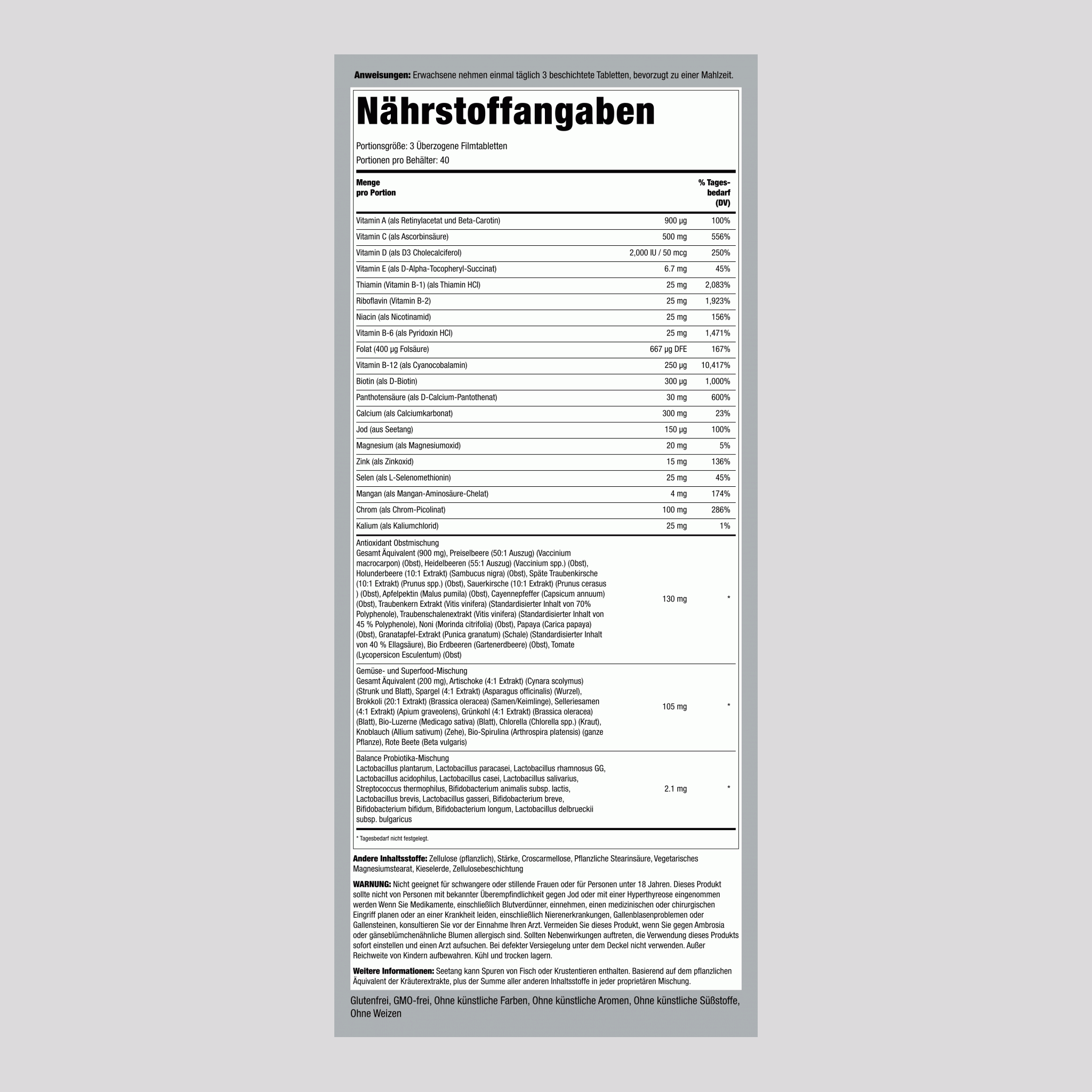 Max Multi Vollkorn Grüns/Obst & Gemüse mit Probiotika, 120 überzogene Tabletten
