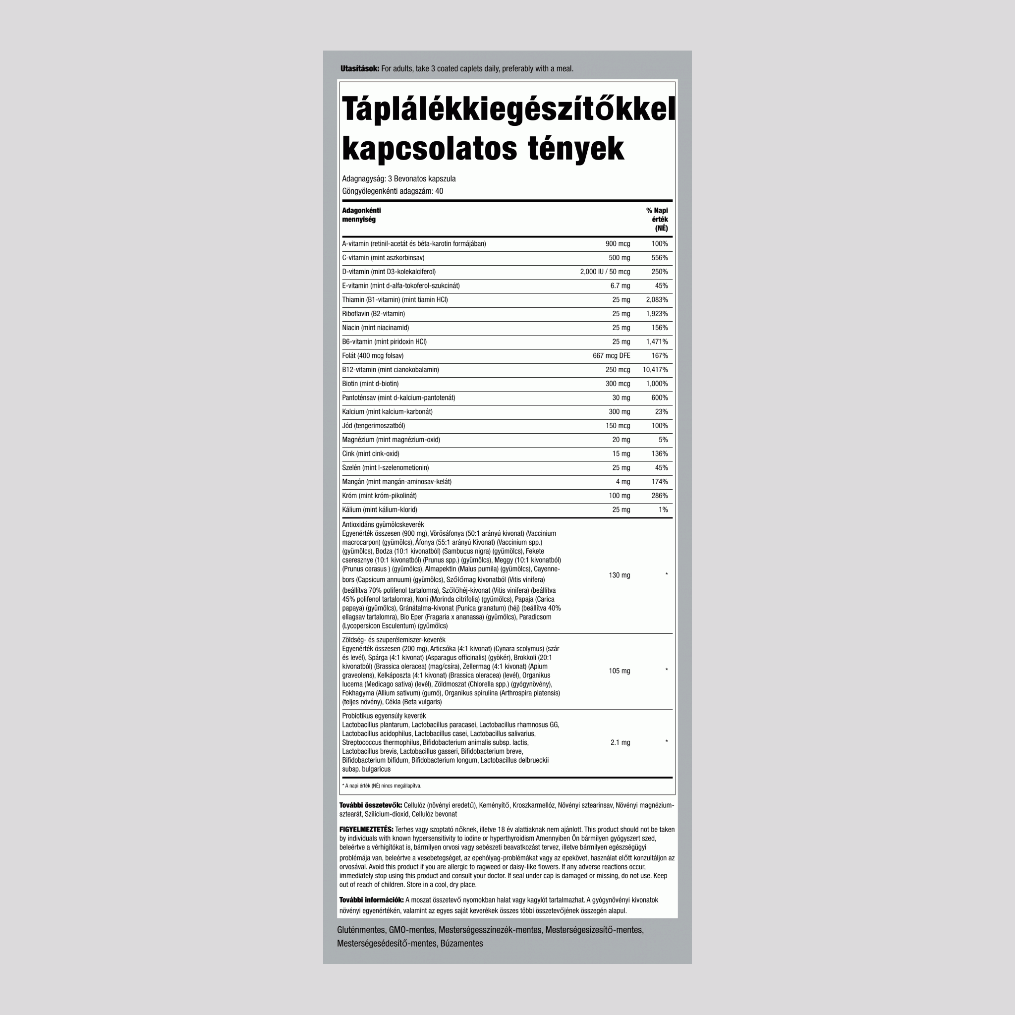 Max Multi Teljes Zöldségek/Gyümölcsök és Zöldségek Probiotikumokkal, 120 bevont tabletta