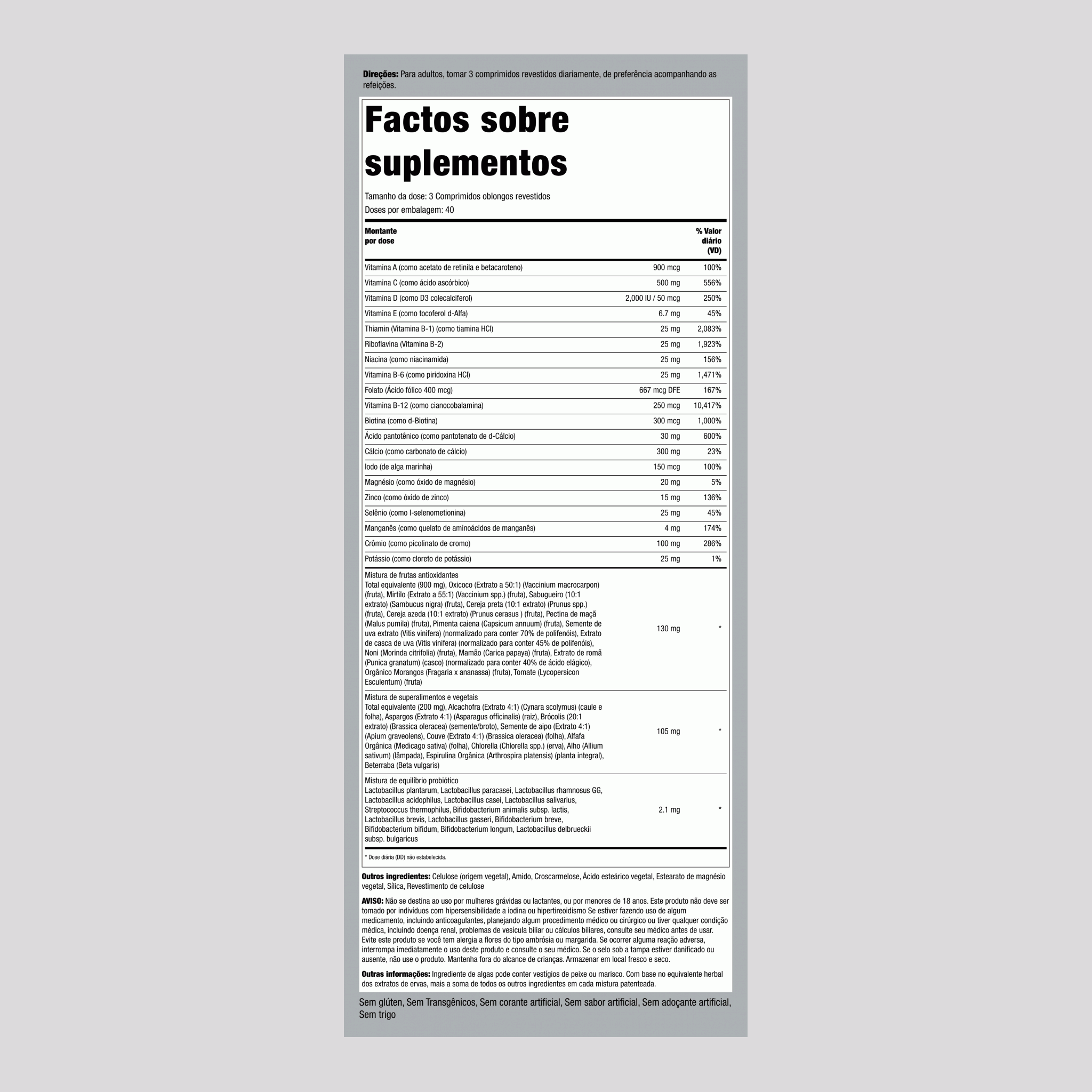 Máximo Multi Verdes Integrais/Frutas e Vegetais com Probióticos, 120 Comprimidos Revestidos