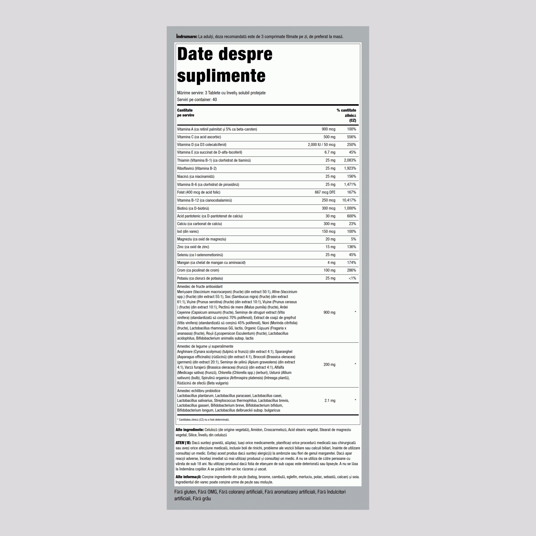 Verdeţuri integrale max/Multi alimente integrale fără fier 120 Tablete cu înveliş solubil protejate       