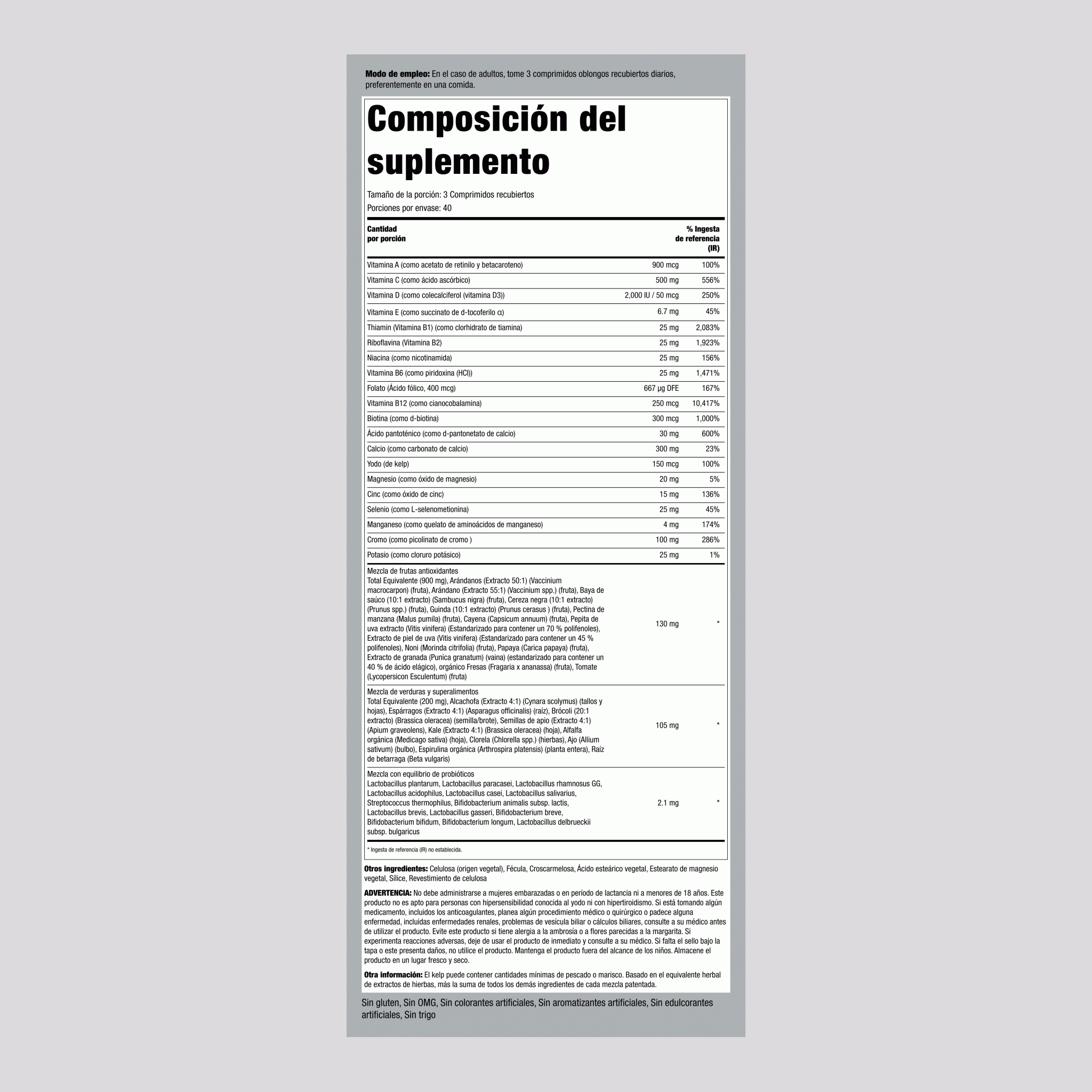 Max Multi con Verduras, Frutas y Vegetales enteros con Probióticos, 120 Capletas recubiertas, 2 Botellas