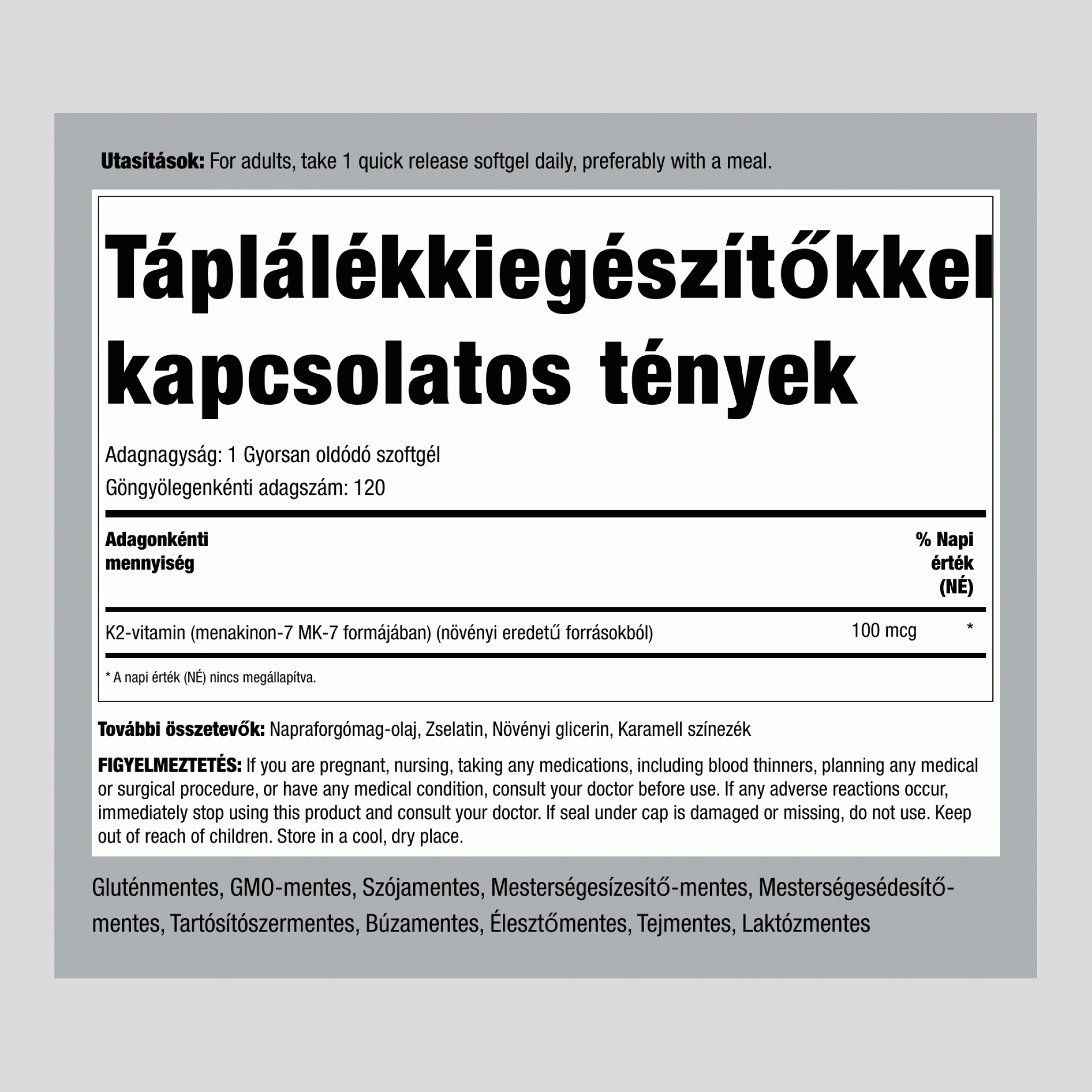 Ultra K-2 MK-7-tel, 100 mcg, 120 gyorsan felszabaduló lágyzselé