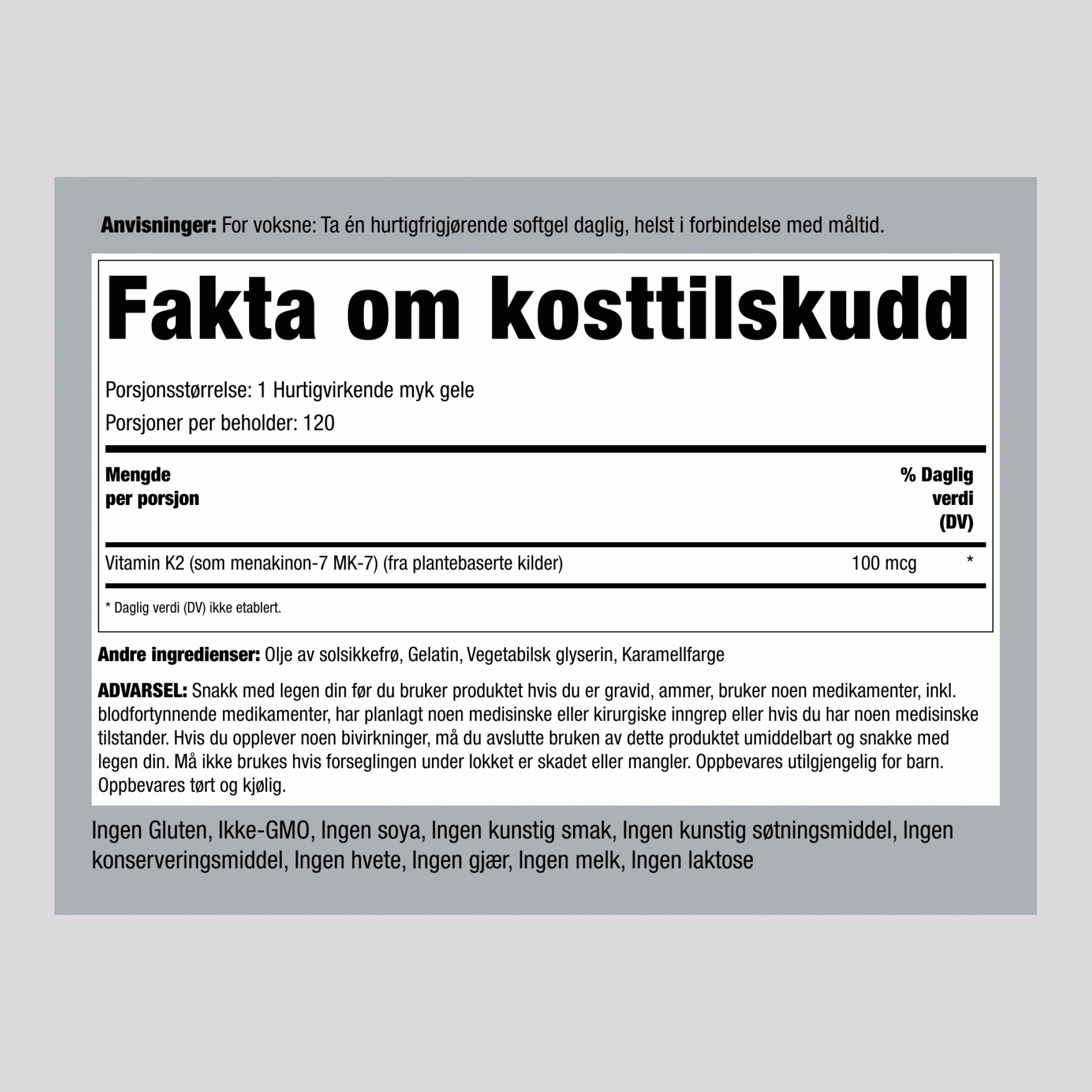 Ultra K-2 med MK-7, 100 mcg, 120 hurtigfrigjørende myke kapsler