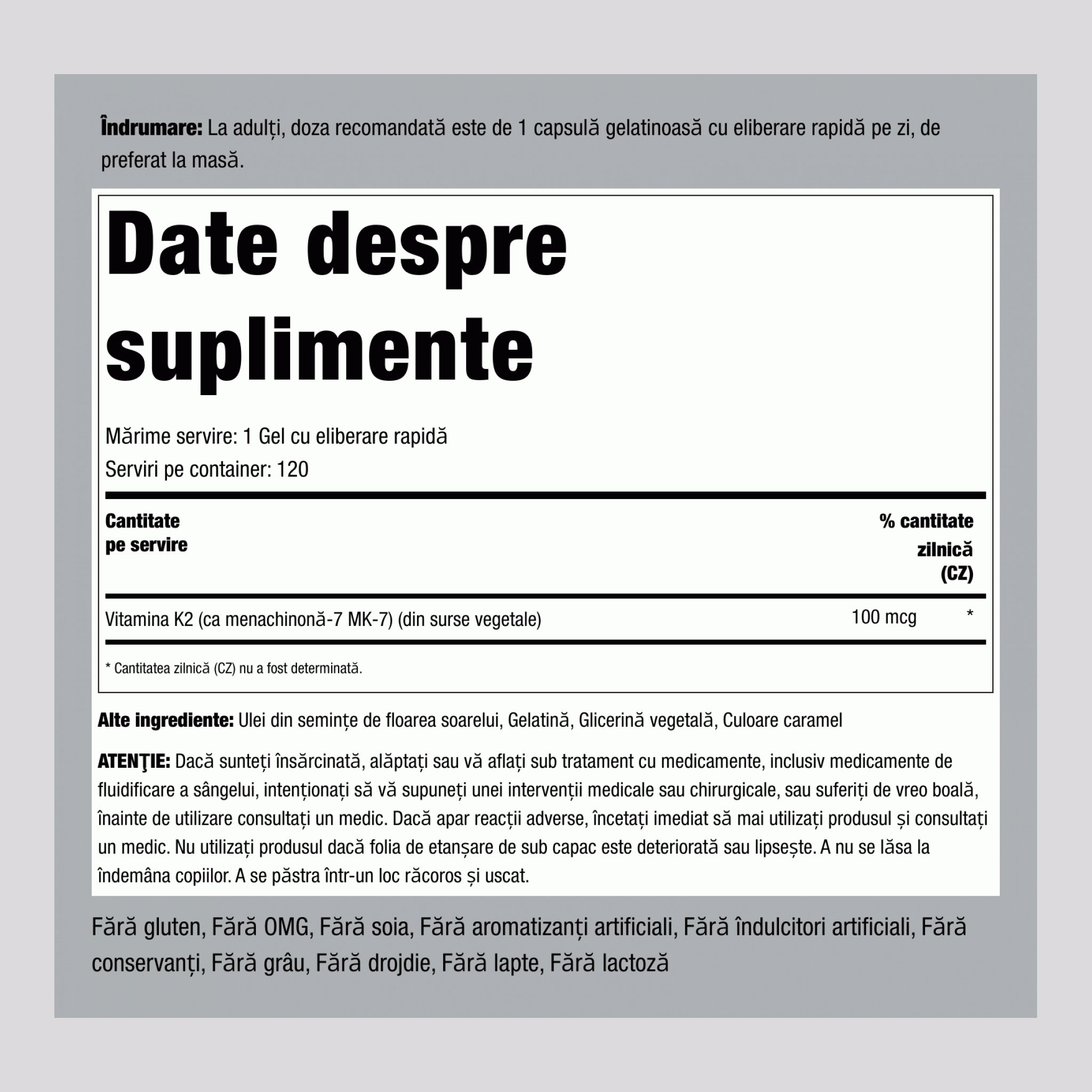 Ultra K-2 cu MK-7, 100 mcg, 120 Gelule Eliberare Rapidă