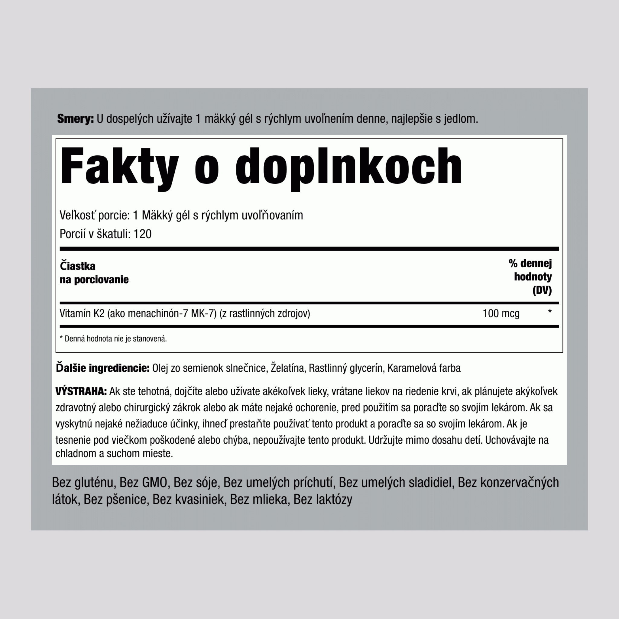 Ultra K-2 s MK-7, 100 mcg, 120 rýchlo uvoľňujúcich kapsúl