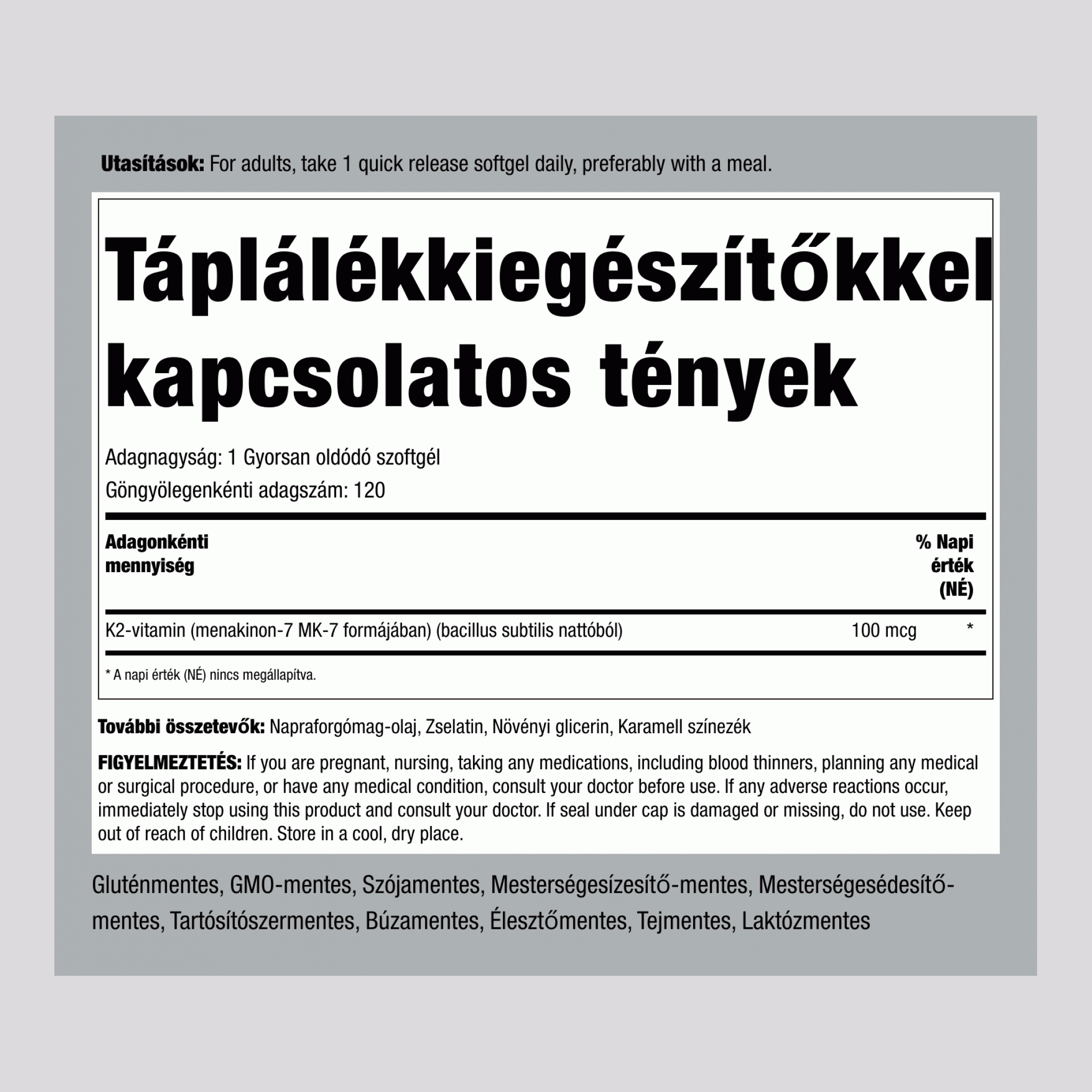 K-2 ultra vitamin  MK-7,  100 mcg 120 Gyorsan oldódó szoftgél 2 Palackok