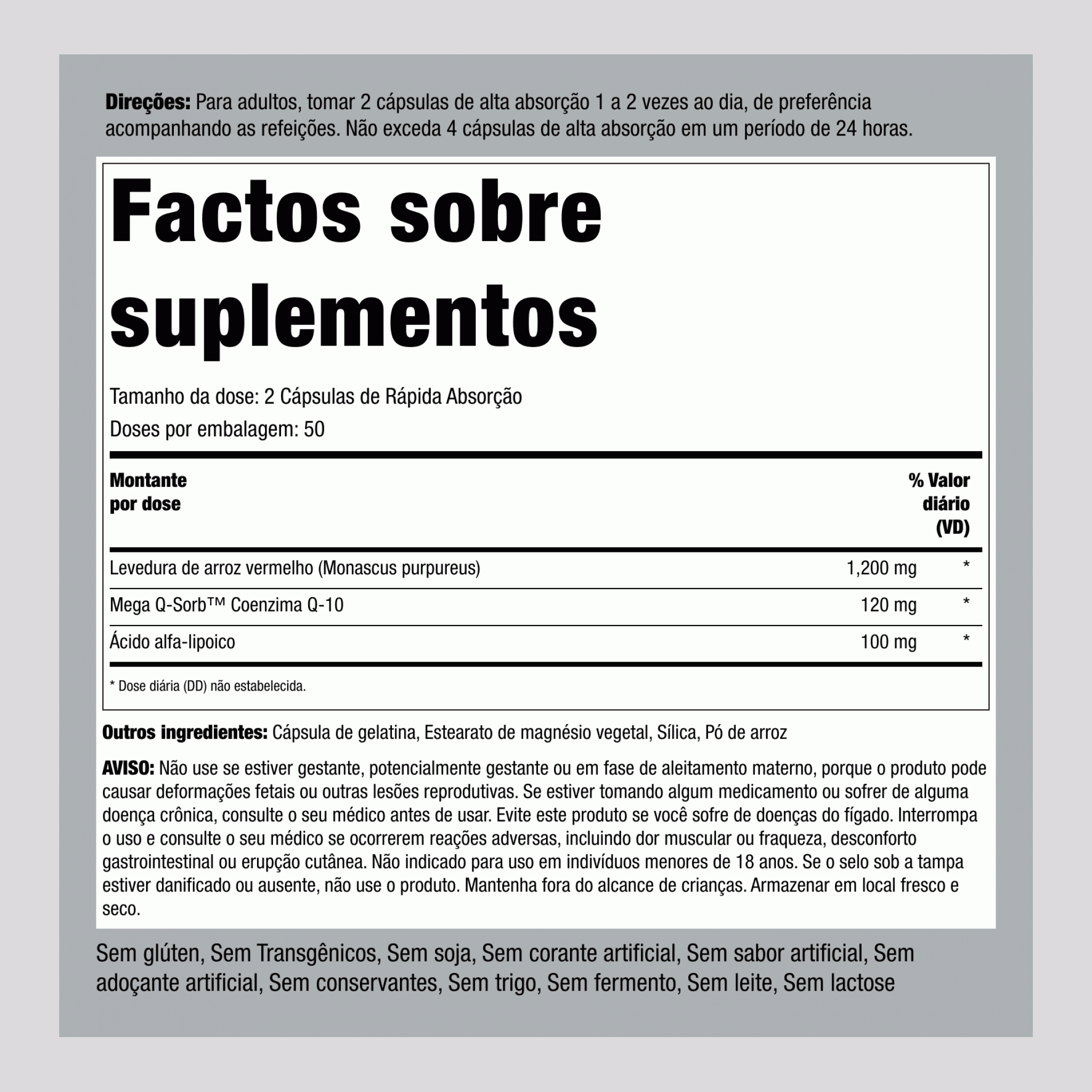 CoQ10 com levedura de arroz vermelho 100 Cápsulas de Rápida Absorção       