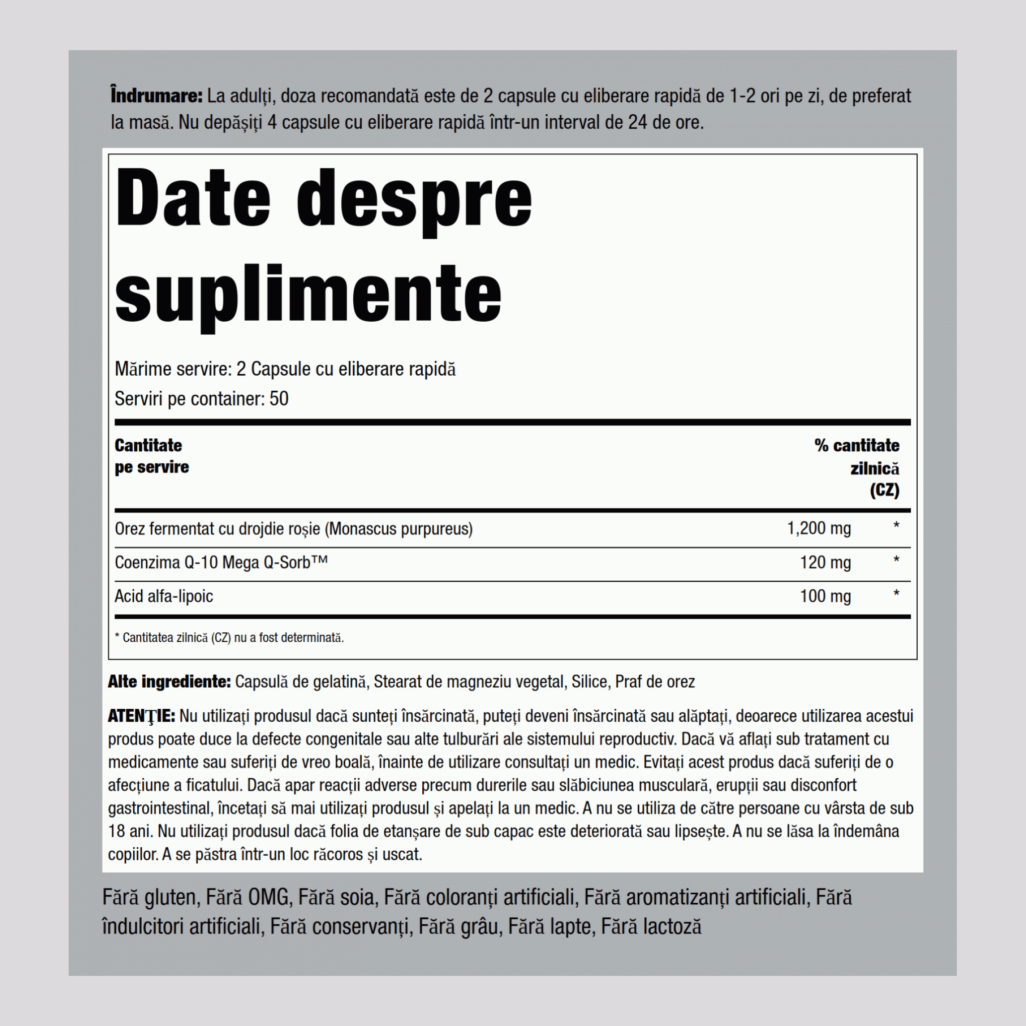 Coenzima Q10 cu drojdie de orez roşu 100 Capsule cu eliberare rapidă       