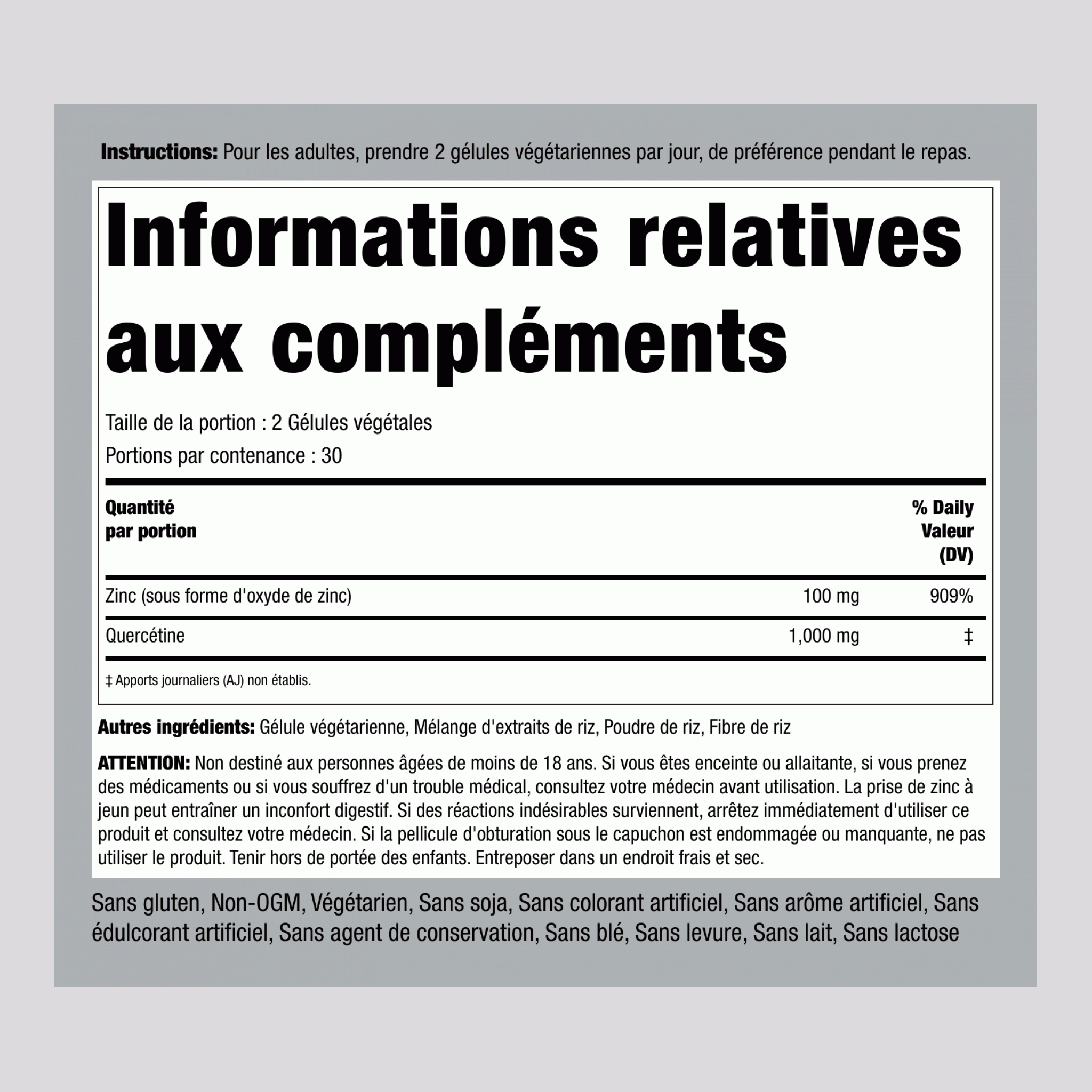 Complexe Ultra Quercétine plus Zinc, 1100 mg (par portion), 60 Capsules à Libération Rapide