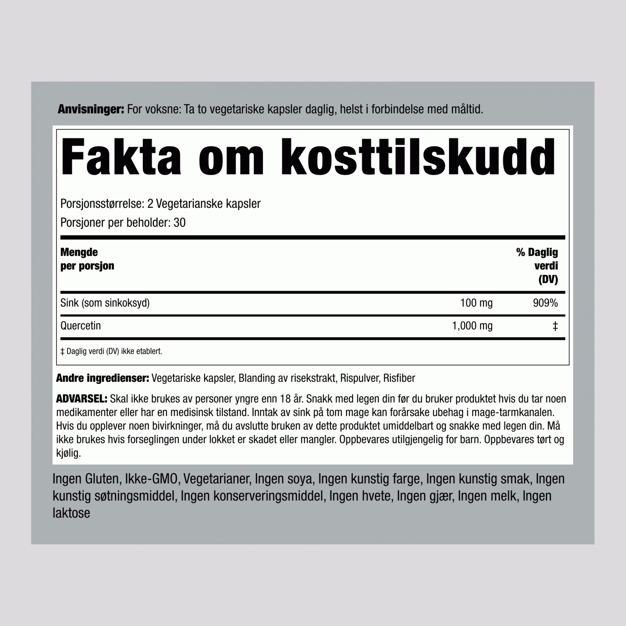 Ultra Quercetin pluss Sinkkompleks, 1100 mg (per porsjon), 60 vegetariankapsler