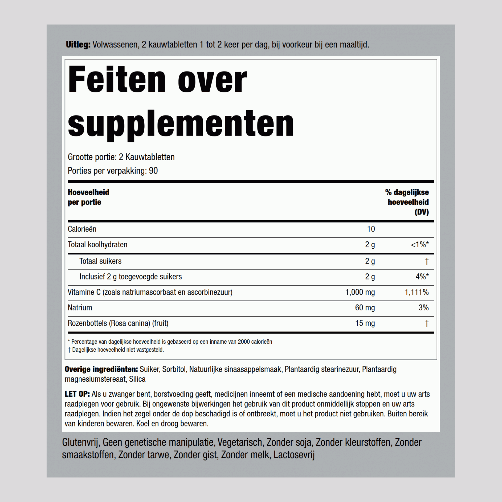 Kauwtabletten vitamine C 500 mg  1000 mg (per portie) 180 Kauwtabletten     