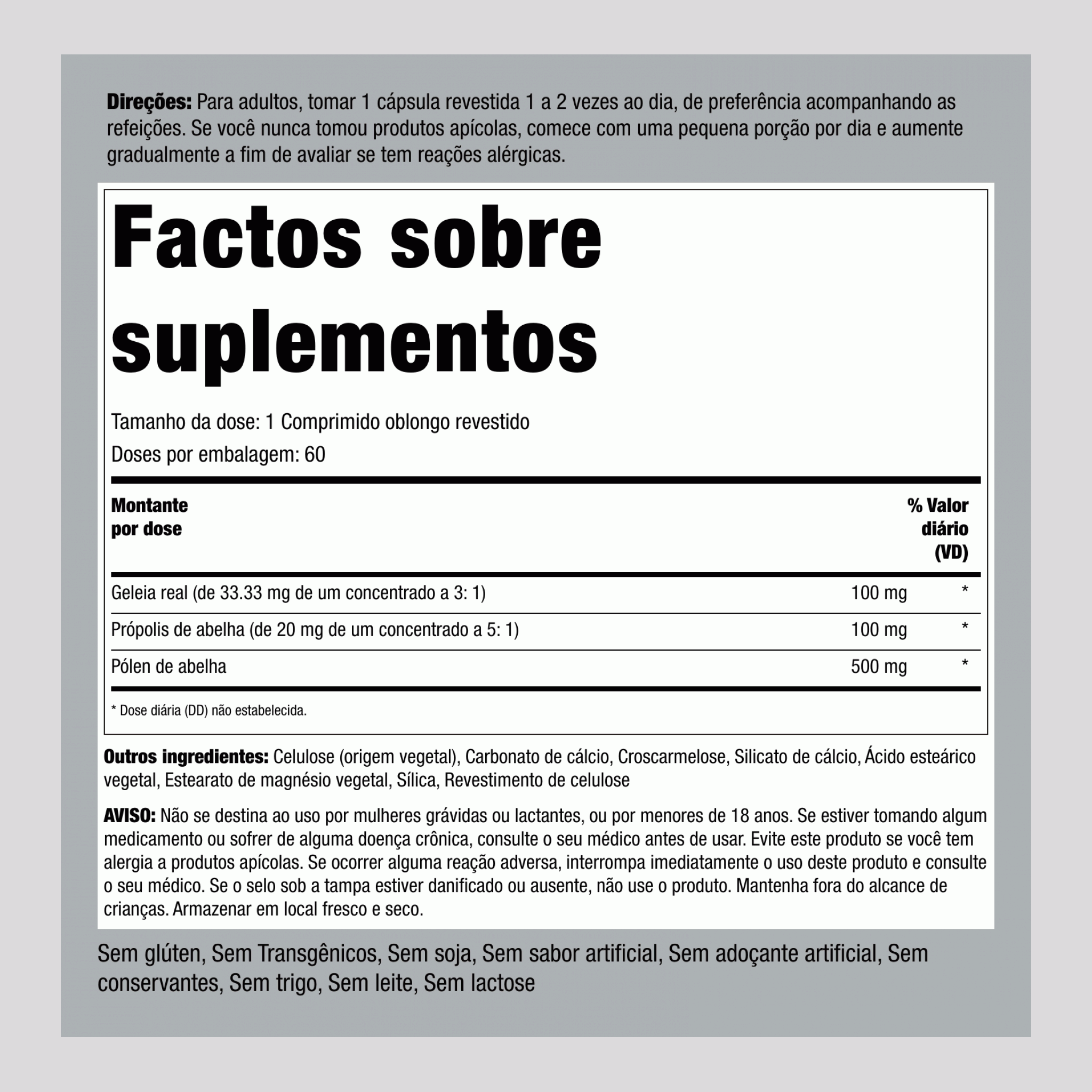 Geleia real, própolis e pólen de abelha 60 Comprimidos oblongos revestidos       