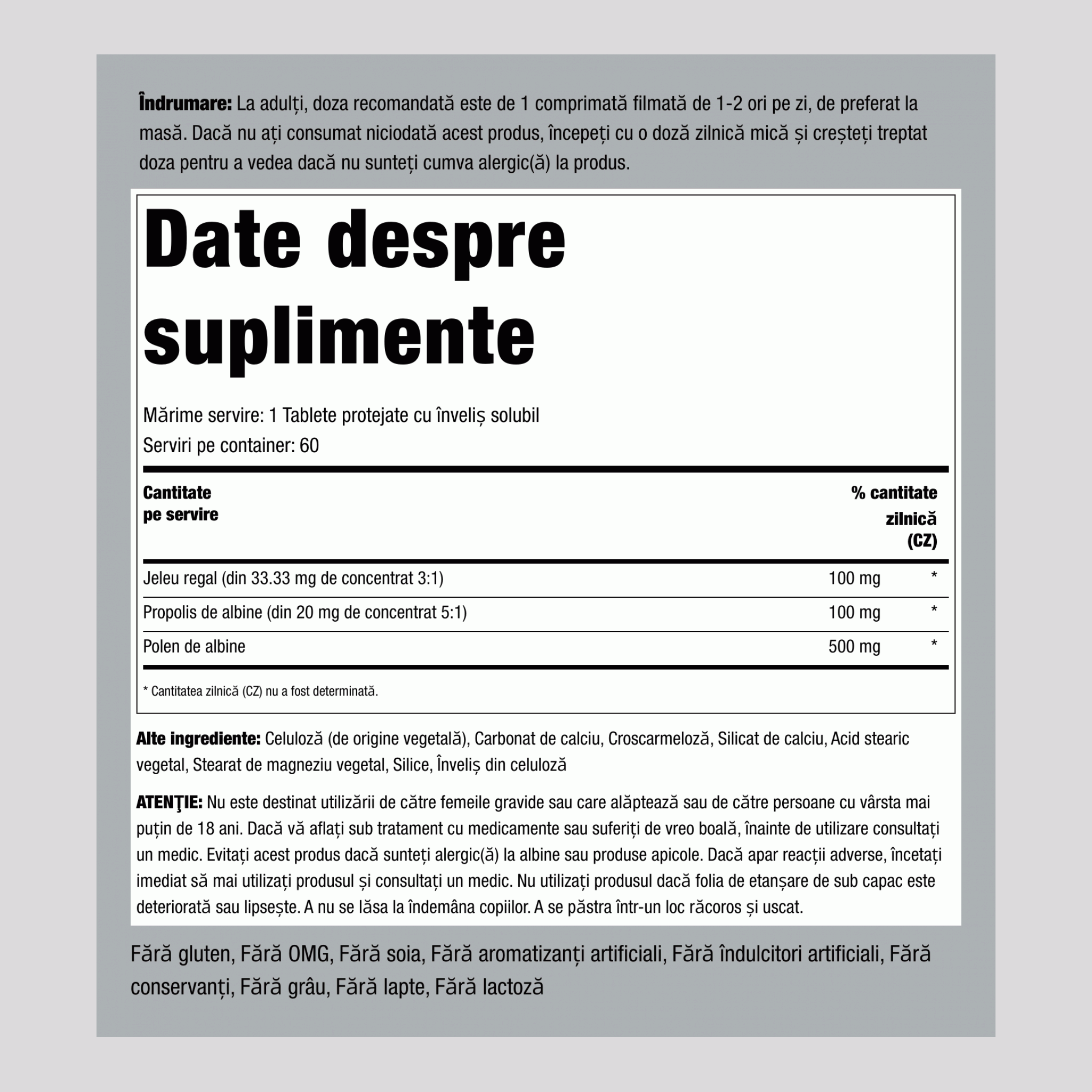 Royal Jelly, Propolis şi Polen de albină 60 Tablete cu înveliş solubil protejate       