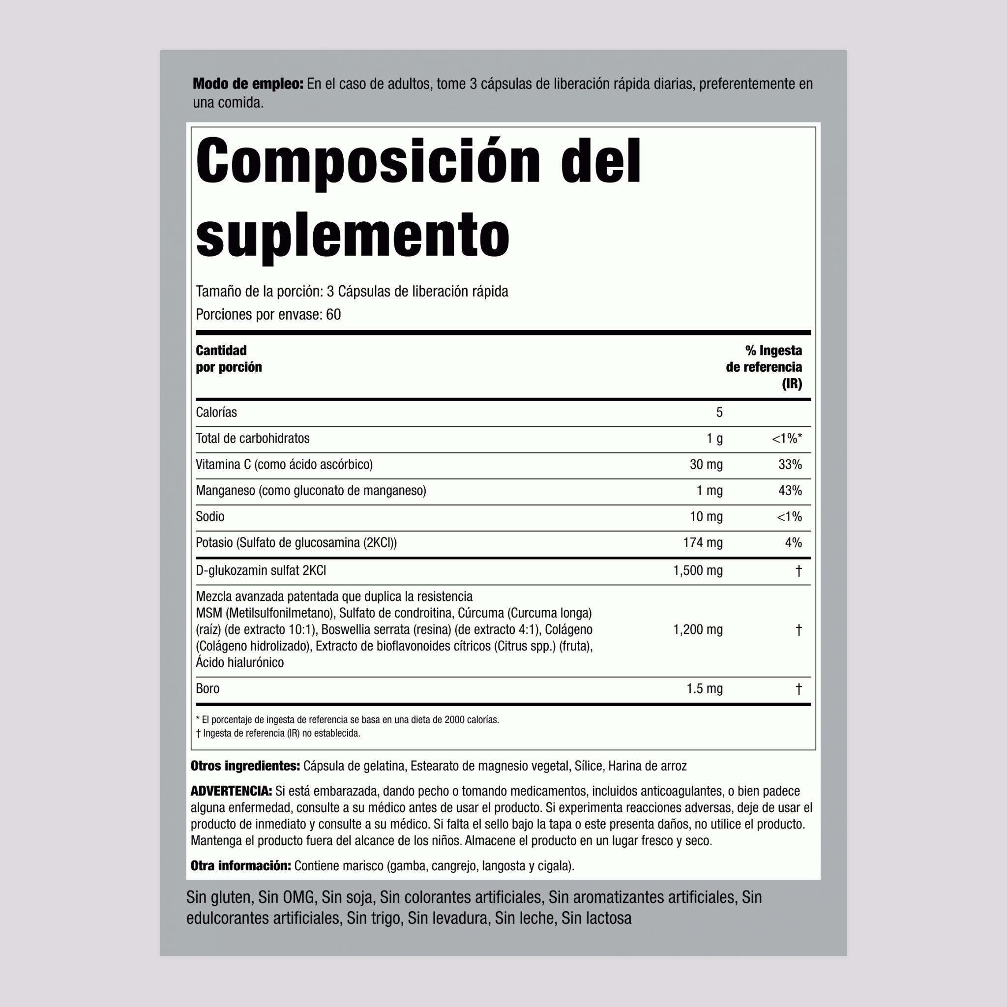 Glucosamina, condroitina, MSM Plus de doble concentración avanzada Cúrcuma 180 Cápsulas de liberación rápida       