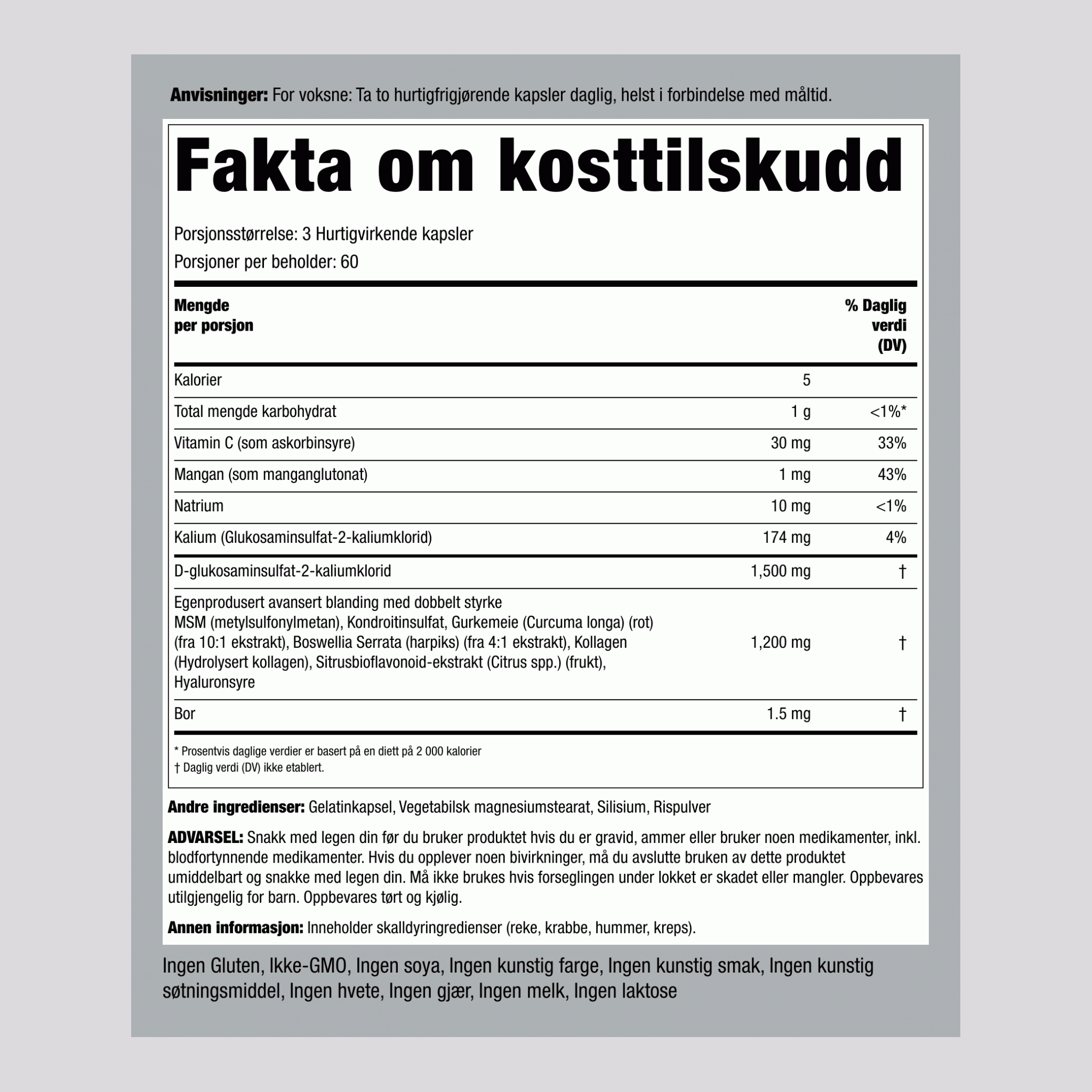 Advanced Double Strength Glucosamine Chondroitin MSM Plus Gurkemeie 180 Hurtigvirkende kapsler       