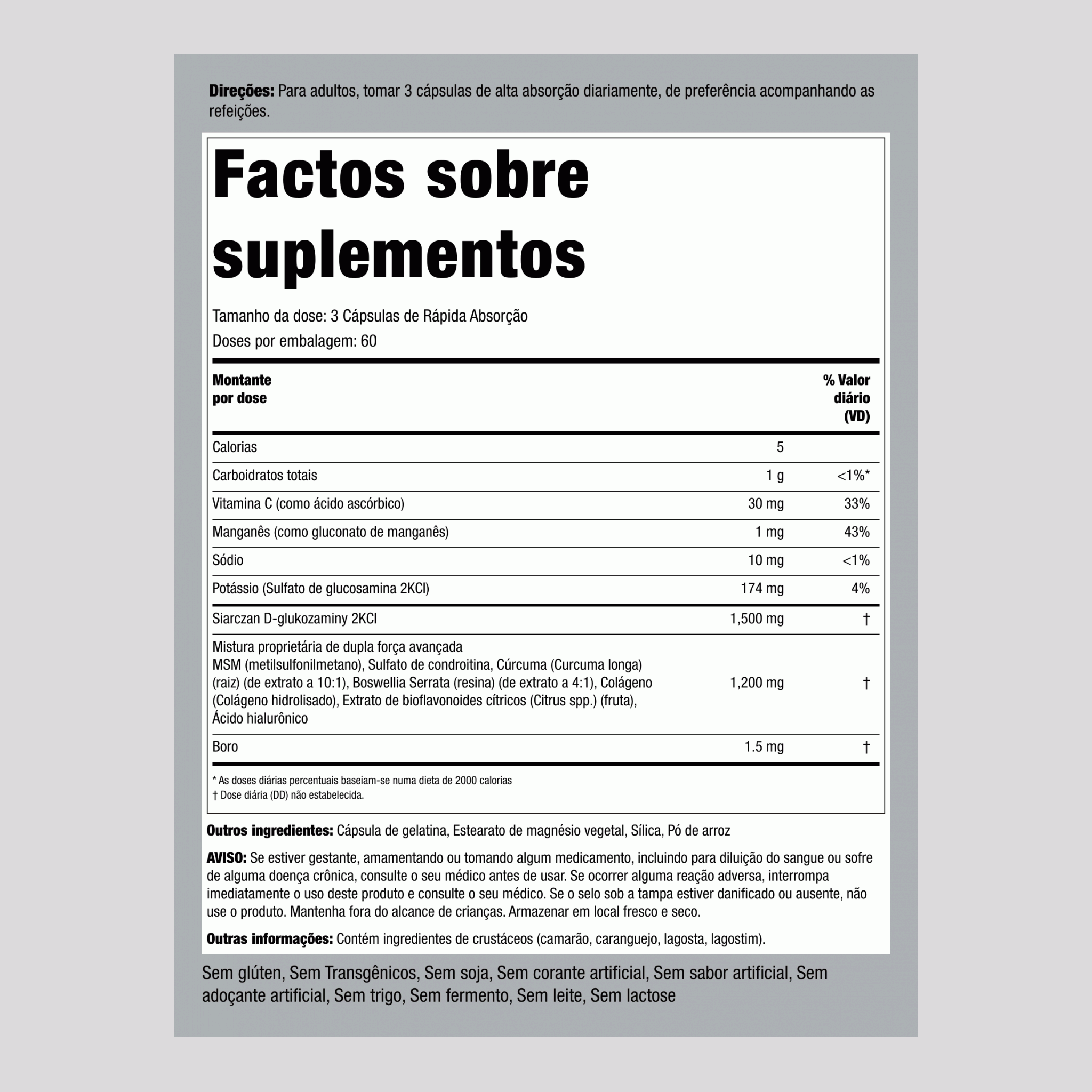 Glucosamina condroitina MSM Plus Dupla concentração avançada Açafrão-da-terra 180 Cápsulas de Rápida Absorção       