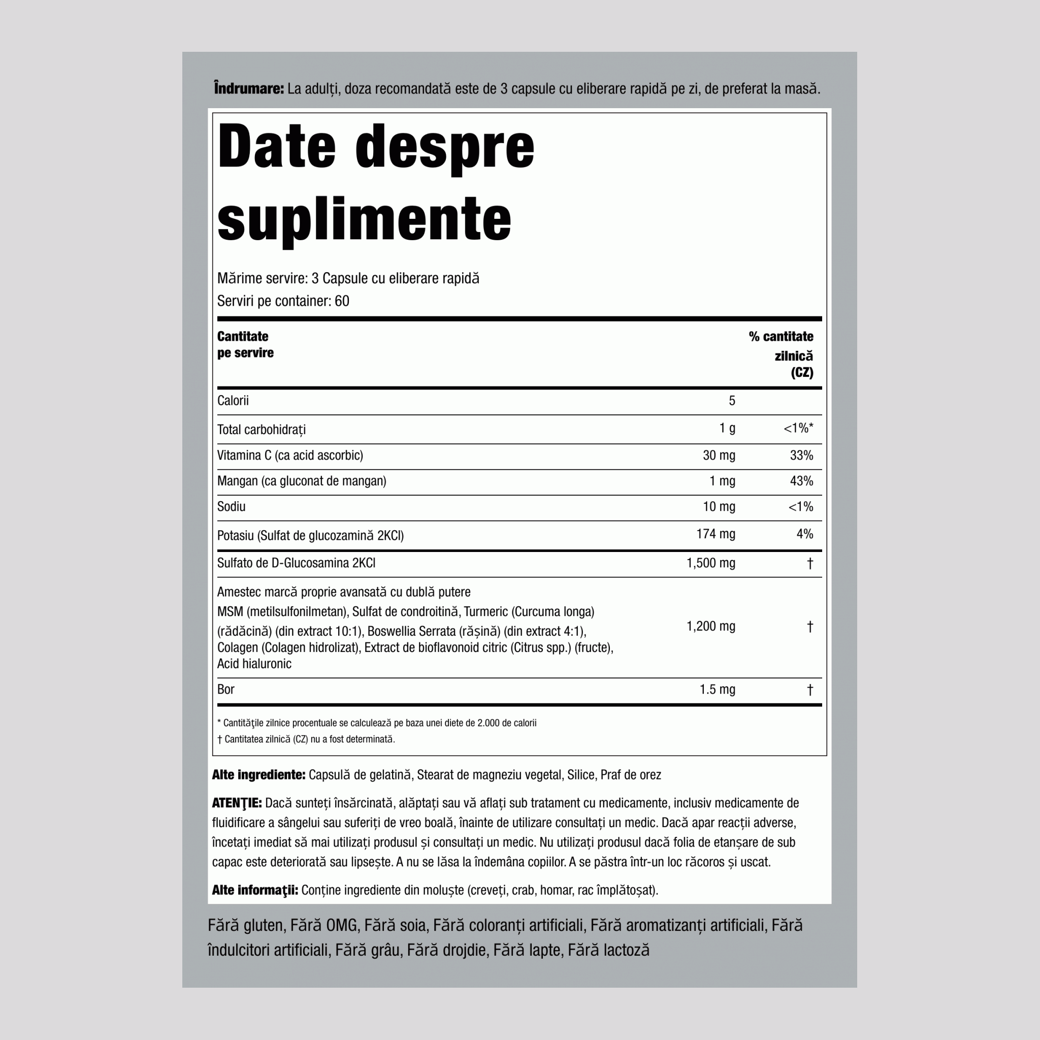 Glucozamină Condroitină MSM Plus cu dublă putere cu formulă avansată Turmeric 180 Capsule cu eliberare rapidă       
