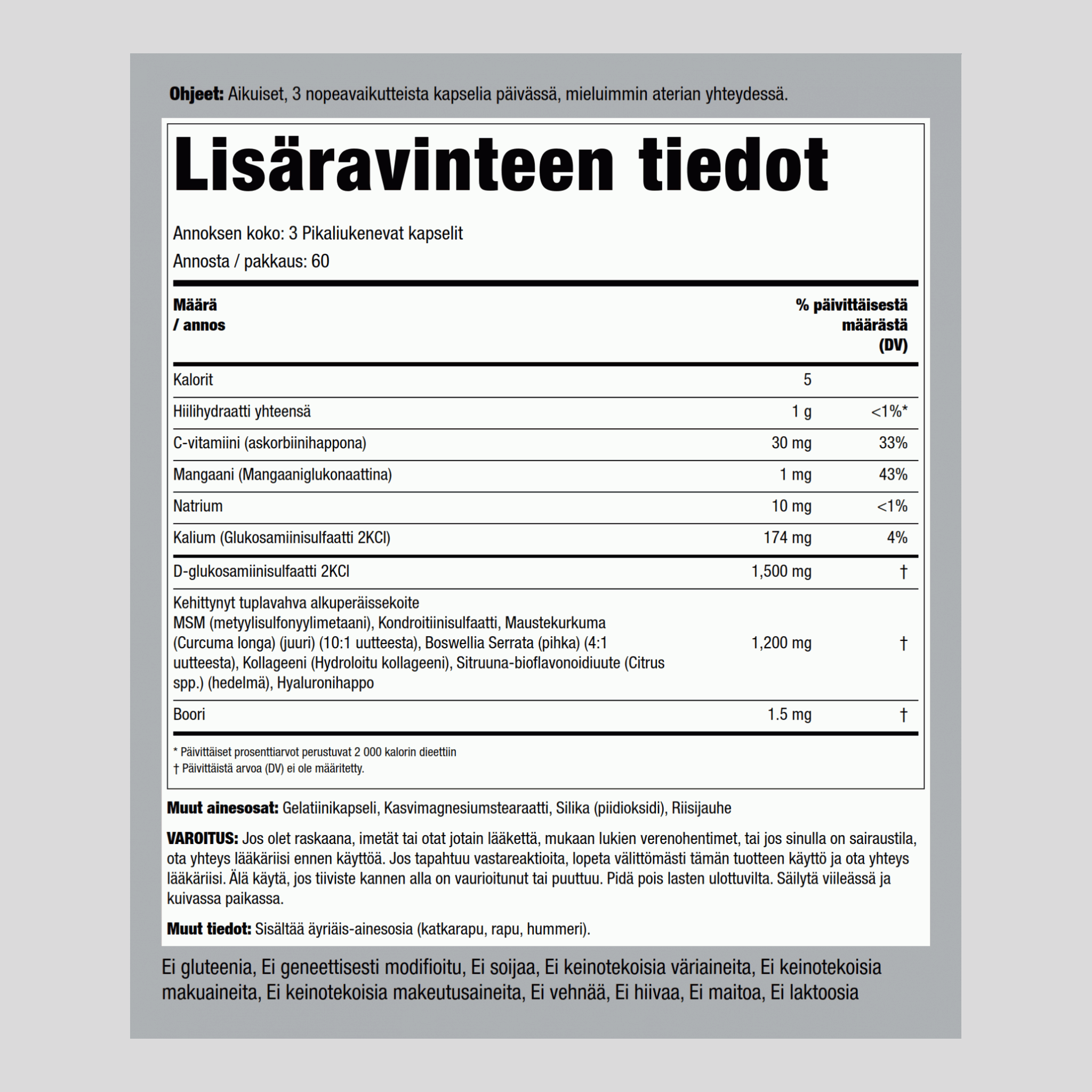 Tuplavahva glukosamiini-kondroitiini-MSM Plus Kurkuma 180 Pikaliukenevat kapselit       