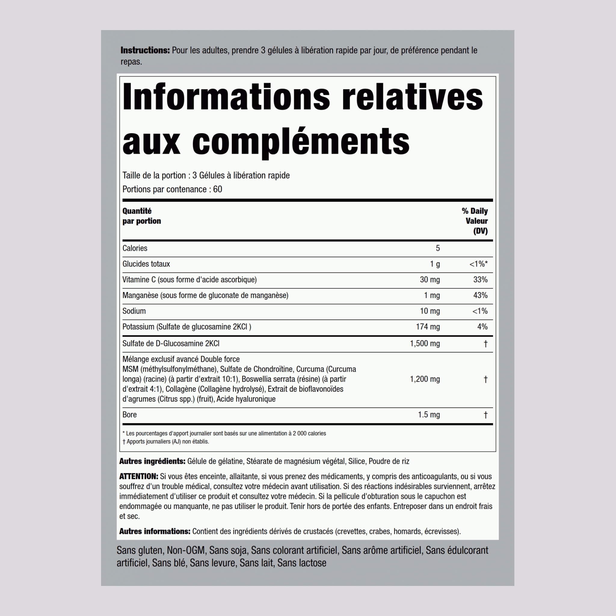 Glucosamine Chondroitine MSM Plus double concentration avancée Safran des Indes 180 Gélules à libération rapide       