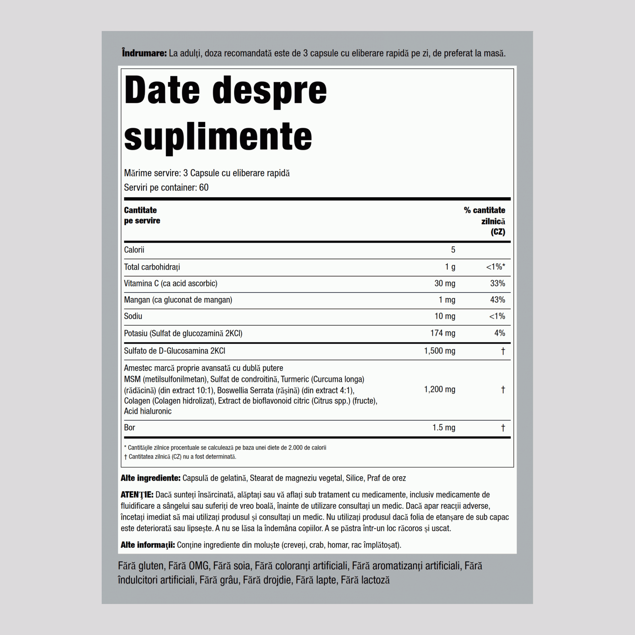 Glucozamină Condroitină MSM Plus cu dublă putere cu formulă avansată Turmeric 180 Capsule cu eliberare rapidă       