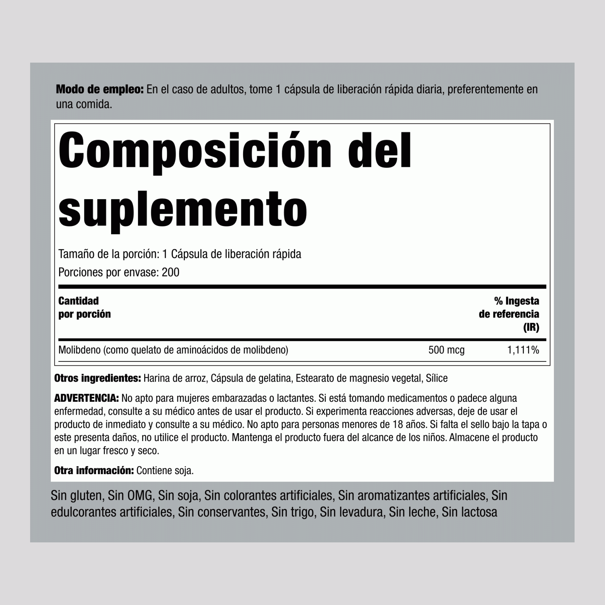 Molibdeno  500 mcg 200 Cápsulas de liberación rápida     